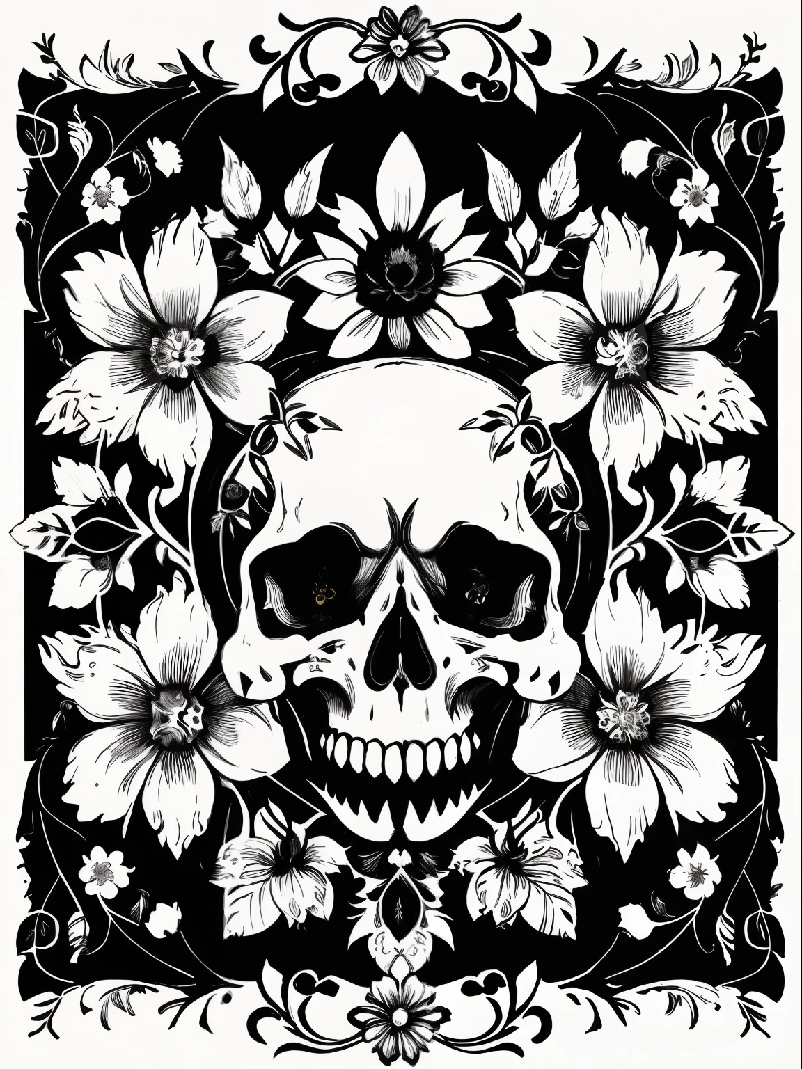 (Best quality), (masterpiece), (ultra detailed), (high detail), (extremely detailed), ghoul skull + black and white ink + detailed texture + magic + symmetrical + symmetry + bouquet of flowers + flowers + vines + detailed ink illustration + rebirth symbols + tarot card with ornate border frame + dark atmosphere + flowers + white, black and white background, coloring page, vector, black and white, 8k