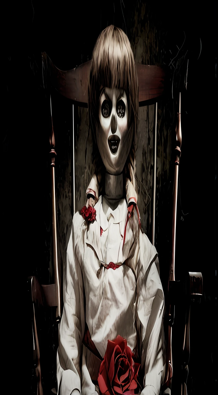 arafed doll sitting in a rocking chair with a rose in her hand, the conjuring, the conjuring style, film still from a horror movie, horror film, horror animatronic, doll phobia, from horror movies, horror movie still, terrifying :7, animatronic, creepy marionette puppet, jump scare, film still from horror movie