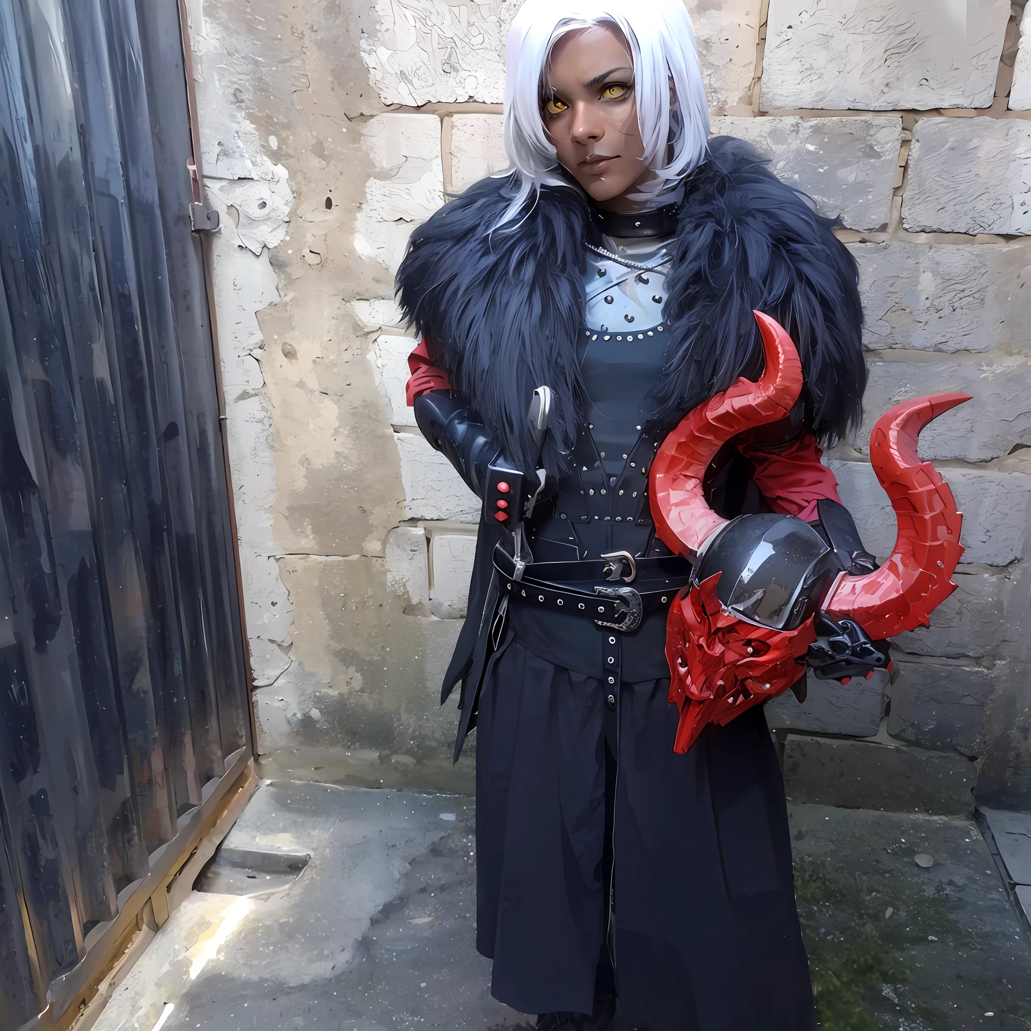 Black knight, castle at night, Gothic Realistic, 4k, brown skin, straight white hair, yellow eyes, holding a demon helmet