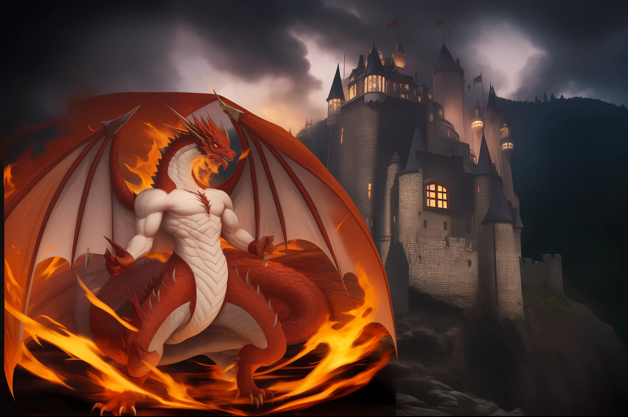 Improve quality, realistic, red fire dragon, old Castle