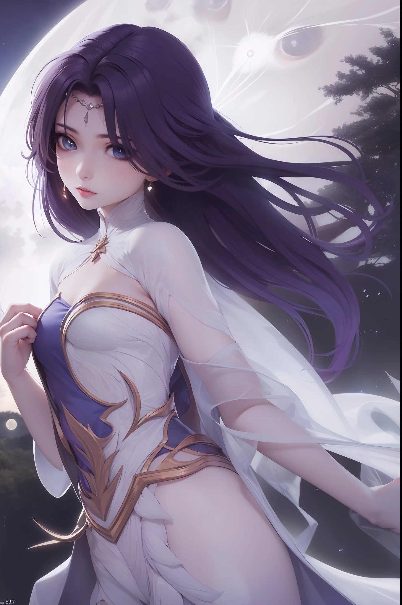 Masterpiece, (Best Quality: 1.2), (Super Fine: 1.2), Illustration, (Extremely Delicate and Beautiful: 1.2), Film Angle, Floating, (Beautiful Detail Eye: 1.1), (Detail Light: 1.1), Film Lights, Delicate Sky, Woman, White Hair, Blue Eyes, (High Ponytail: 1.1), Cloak, Glowing Eyes, (Moon: 1.2), (Moonlight: 1.1), Starry Sky, (Light Particles: 1.1), Fog , snow painting, sketching, blooming