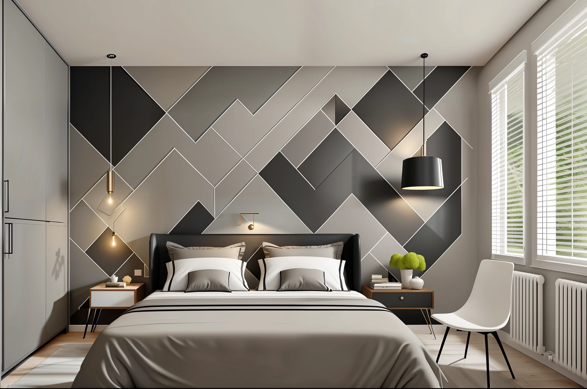 a bright and modern room with a gray and black color scheme, in the style of subtle lighting, smooth background wall, luxurious textures, , soft and dreamy atmosphere, luminous, accurate and detailed quality --auto --s2