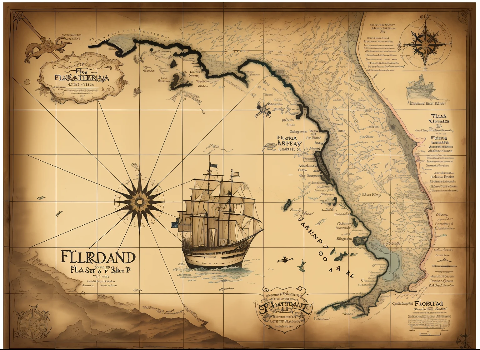 arafed map of the florida coast with a ship and a map of the island, pirates treasure map, nautical maps, nautical maps grafitti, ancient map, cartography map art, highly detailed map, fantasy map, by Scott M. Fischer, game map, detailed map, fantasy cartography, steam workshop maps, fantasy maps