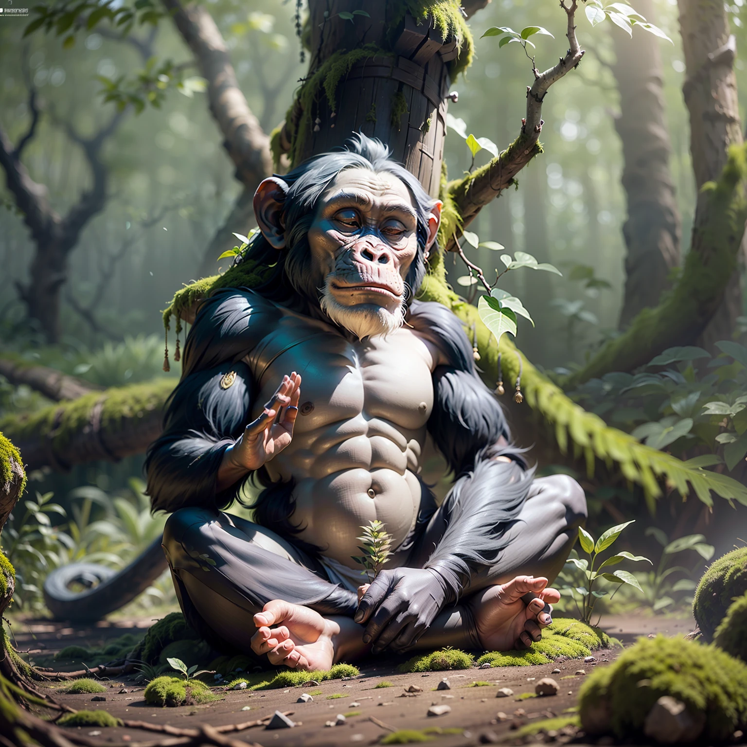 Buddhist chimpanzee in the midst of dense foliage, moss on the branches, moss on the ground, only the head appearing,, ((meditating)), heavenly, at peace, depth of field, cinematic,,,((masterpiece))