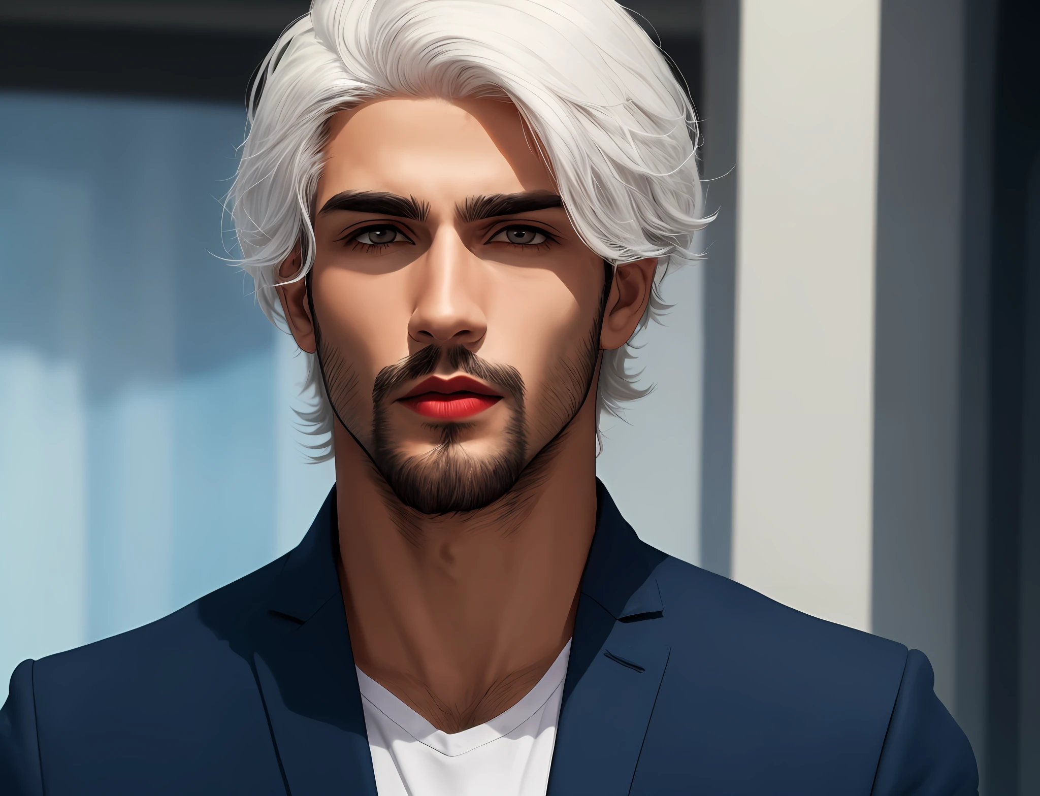 1 man, Brazilian descent, short white hair, light hair, red lips, white eyes, and face of Malvado, wears dark clothes, black with blue