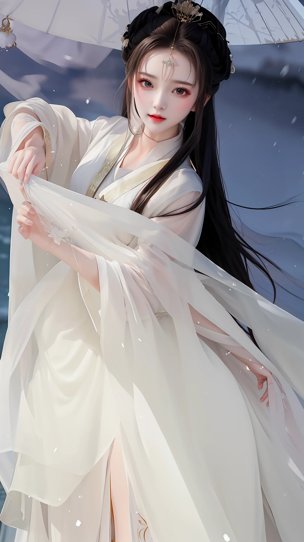 arafed woman in a white dress holding a white umbrella, white hanfu, flowing white robes, pale snow white skin, a beautiful woman in white, ((a beautiful fantasy empress)), palace ， a girl in hanfu, long flowing white robe, very long white cloak, ethereal beauty, flowing hair and long robes, a beautiful fantasy empress, beautiful and graceful