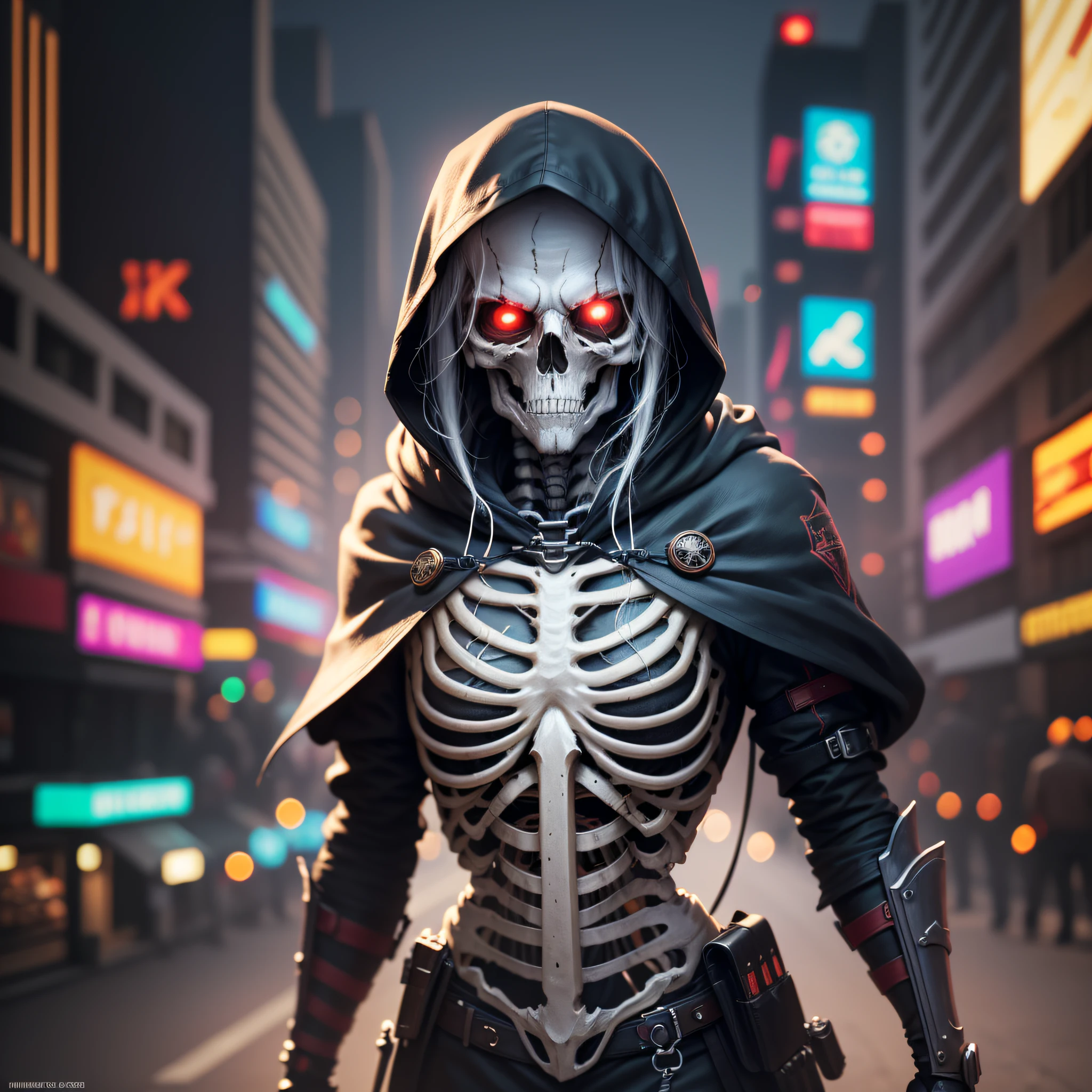A post apocalyptic photo of a white hooded, alien and blue eyes features an angry angry alien creature, an alien skull and large teeth, made by Mandy Jurgens and Mary Jurgens and Thomas Kinkade, Ambient occlusion, Cycles Render, Dim lighting, Arnold render, 8k, octane render, Artstation Artstation HQ, unreal
