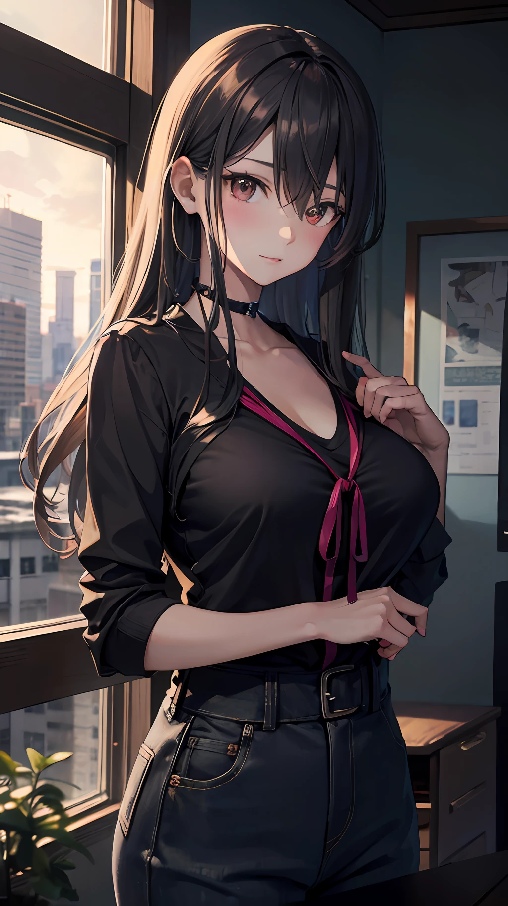 Anime girl with big breasts posing in front of the window, ((chest wide open)), ((upper body)), ((focus on people)), seductive anime girls, best anime 4k konachan wallpapers, perfect gray haired girls, charming anime girls, 4k anime wallpapers, 4k manga wallpapers,, detailed digital anime art, anime best girls, beautiful anime girl, cyberpunk, detailed anime artwork, beautiful attractive anime woman