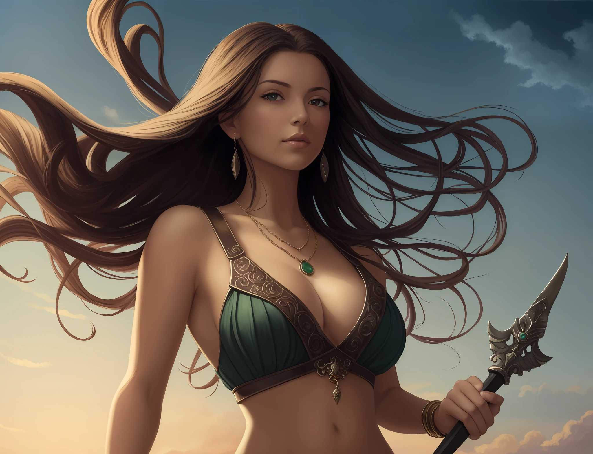 closeup of 1 Woman, 35 years old, beautiful of Brazilian descent dark brown hair with lights "Californian" large breasts and neckline in a large V, standing with one hand holding a black dagger, and the other hand touching the jade necklace that has on the neck, beautiful face, beautiful sky, (oil painting), 0.4, detailed, (fantasy art), muted color: 0.25, best quality, good anatomy, good composition, good proportions, good design, dynamic pose, good pose, realistic sky, realistic backgrounds, (cinematic), (highest quality, award-winning, masterpiece:1.3), (art by Arthur Rackham:0.5), (((natural colors))), (photorealistic:1.4), (calsa bell mouth) ((in his hands: holds a dagger in each hand)) --auto