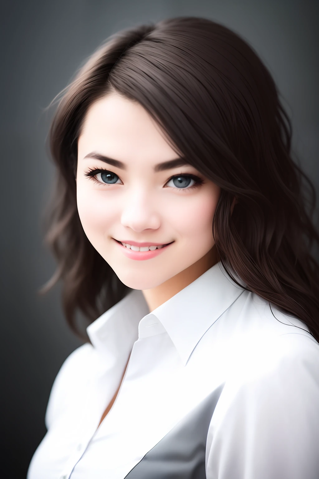 Official identification photo of a blonde woman in one (stylish and tight white shirt for desk: 1.5), (professional photo, studio lighting, strong light, Sony A7, 50 mm, (hyperrealistic), great depth of field, matte skin, pores, colors, hyperdetailed, best quality, photorealistic, 8k, high resolution, best quality), 1girl, (portrait), (dark gray photo studio background: 1.4),  looking at the viewer, (eye contact: 1.4 ), piercing eyes, happy, smile, smile, intricate