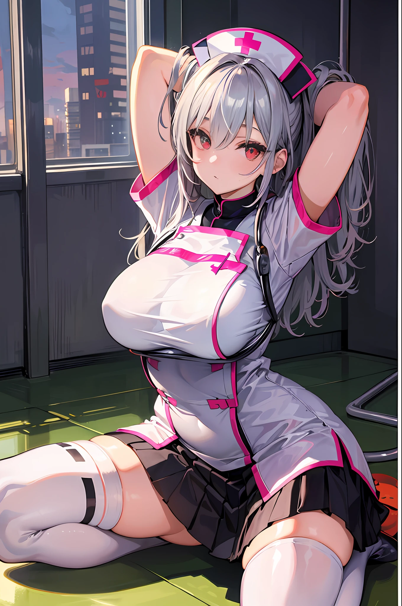 masterpiece, best quality, high_resolution, fine details, very detailed and beautiful, distinct_image, 1 girl, solo, silver-haired,red eyes, (huge), (),hospital,curvy,puddle on floor, full body,arms behind head,, {spread legs}, bow-leggedness, Crab crotch ,( nurse costume),thighhigh,(skirt),