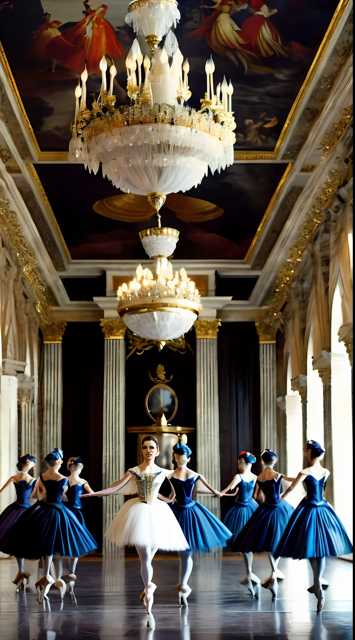 (best quality, ultra high res, CGI, official art:1.2), King Louis XIV, poised and dignified, (sumptuous royal attire:1.2), plumed hat, leading a grand ballet performance, (exquisite Palace of Versailles backdrop:1.4), 17th-century opulence, detailed HDR rendering, intricate ballroom, (elaborate chandeliers casting dramatic lighting:1.1), graceful dancers surrounding the king, vibrant costumes, flowing movements, intense emotion, cool colors, mid-action shot, capturing the majestic ambiance of the ballet.