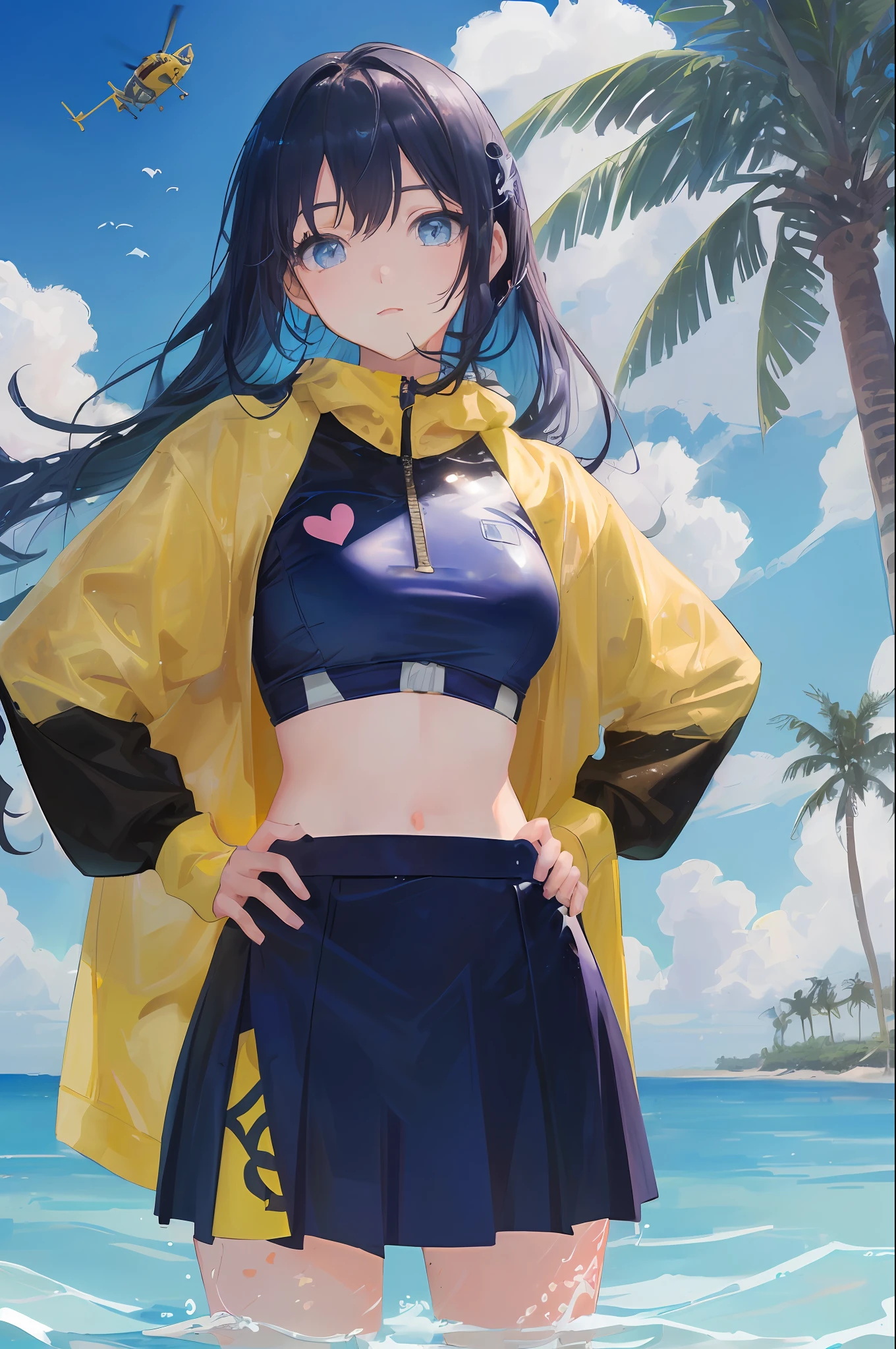 art by Cornflower, dreamy, (A beautiful, teenaged, anime-style girl with blue eyes and long, black hair, wearing a pale yellow, shiny, long-sleeved, open-chest, long skirt swimming suit with a pink, white, and yellow, heart on it is posing with her hands on her hips, in front of a beach and a bright, blue sky with clouds in it, there are palm trees in the background on both sides of the picture, and there are lots of blue and yellow fish swimming in the ocean, and there is a police helicopter with lights on it flying over the girl)