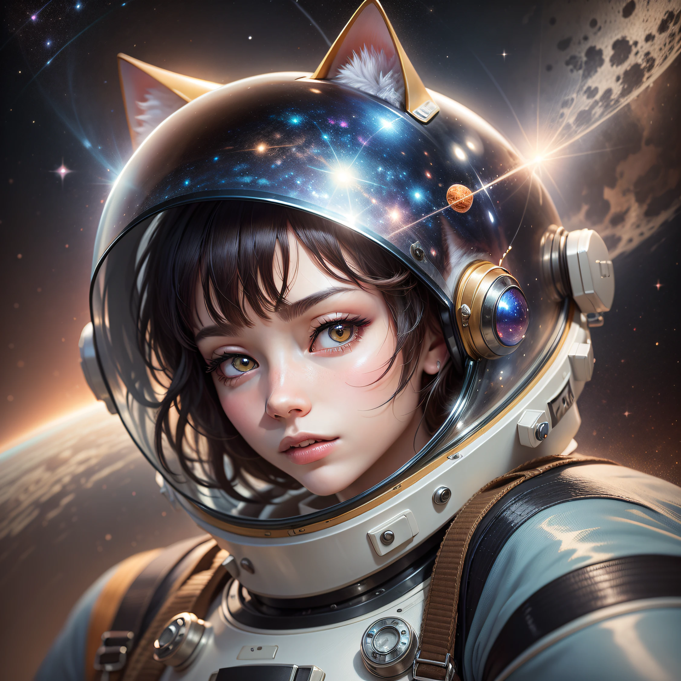 Space cat, ultra-realistic, animal with beautiful and sharp hair, wearing space helmet --v5