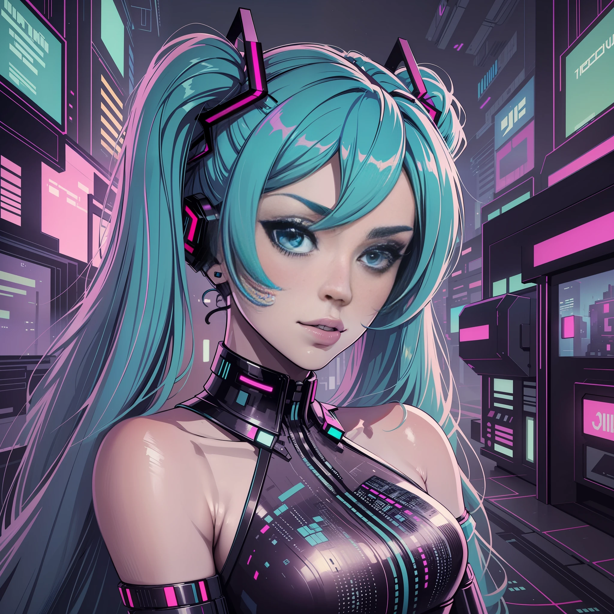 Vaporwave, (masterpiece:1.3), (best quality), Hatsune miku, cyberpunk, futuristic city, apocalypse