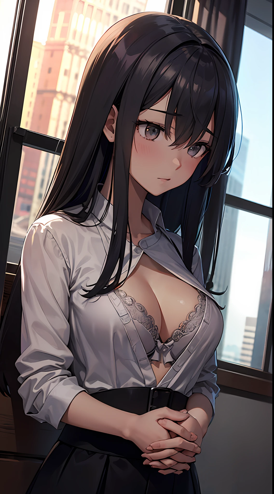 Anime girl with big breasts posing in front of the window, ((Shirt chest wide open with hands)),((Bra exposed)), ((looks away in embarrassment)), ((Upper body)), (Focus on people)), Seductive anime girl, best anime 4k Konachan wallpaper, perfect gray haired girl, charming anime girl, 4k anime wallpaper, 4K manga wallpapers,, detailed digital anime art, anime best girls, beautiful anime girls, cyberpunk, detailed anime artwork, beautiful attractive anime women