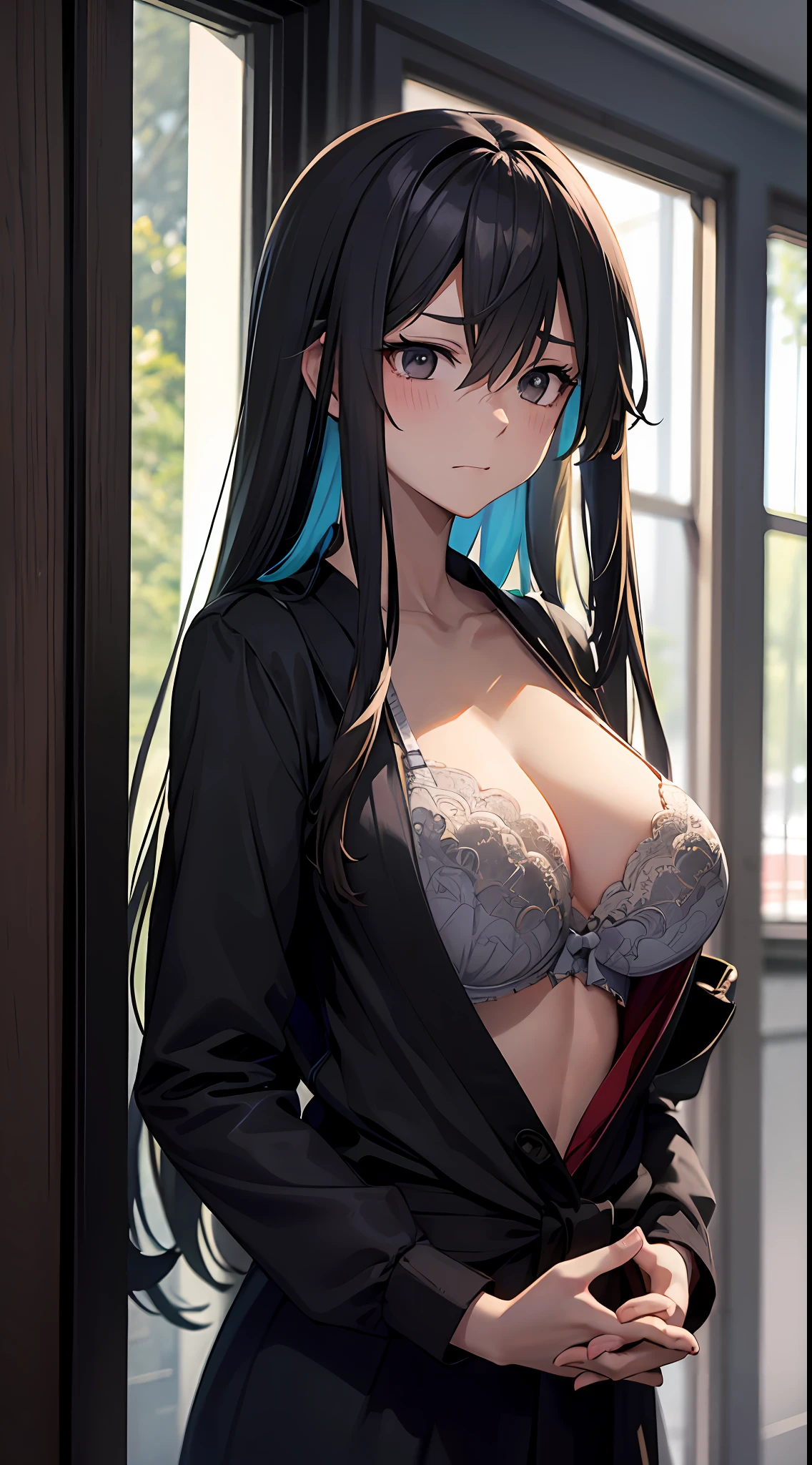 Anime girl with big breasts posing in front of the window, ((Shirt chest wide open with hands)),((Bra exposed)), ((looks away in embarrassment)), ((Upper body)), (Focus on people)), Seductive anime girl, best anime 4k Konachan wallpaper, perfect gray haired girl, charming anime girl, 4k anime wallpaper, 4K manga wallpapers,, detailed digital anime art, anime best girls, beautiful anime girls, cyberpunk, detailed anime artwork, beautiful attractive anime women