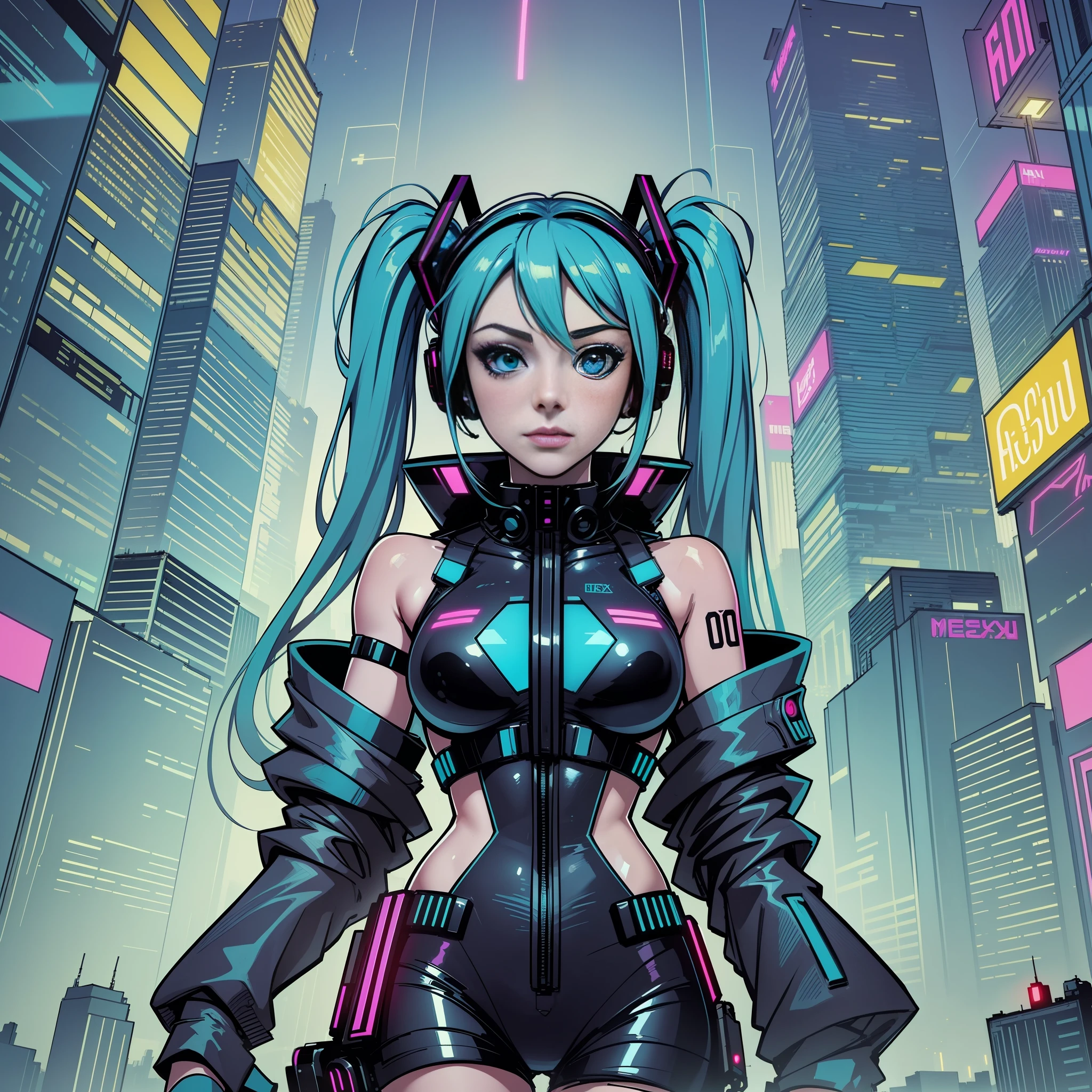 Vaporwave, (masterpiece:1.3), (best quality), Hatsune miku, cyberpunk, futuristic city, apocalypse