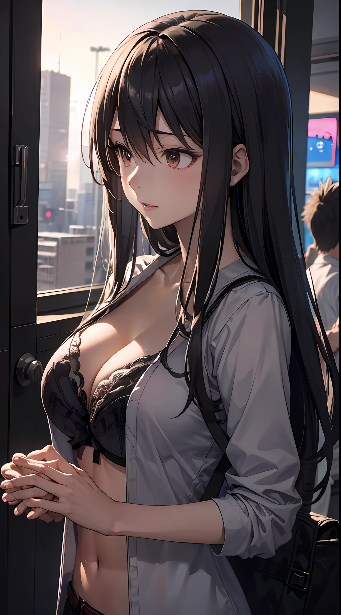 Anime girl with big breasts posing in front of the window, ((Shirt chest wide open with hands)),((Bra exposed)), ((looks away in embarrassment)), ((Upper body)), (Focus on people)), Seductive anime girl, best anime 4k Konachan wallpaper, perfect gray haired girl, charming anime girl, 4k anime wallpaper, 4K manga wallpapers,, detailed digital anime art, anime best girls, beautiful anime girls, cyberpunk, detailed anime artwork, beautiful attractive anime women