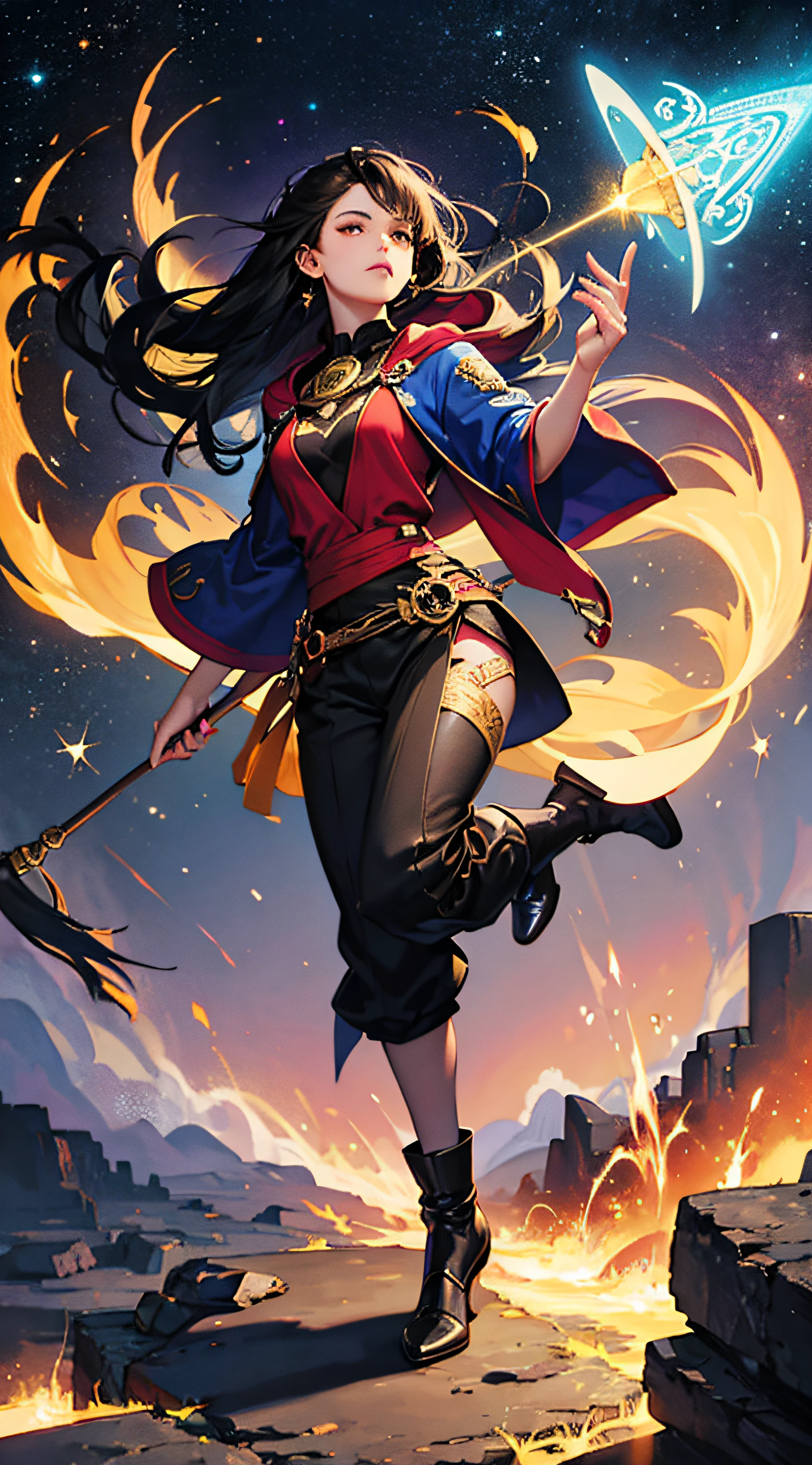 (masterpiece, superior quality, best quality, official art, beautiful and aesthetic), Brazilian, black, detailed face, sexy body, long black hair, full body, violet top and pants, celestial, cosmic, extremely beautiful, high detailed , (galactic in background), light effects, more detailed, floating particles, ancient runes, geometric patterns, witch powers, mana, shadows, fog, smoke, fantasy, charm, epic atmosphere --auto