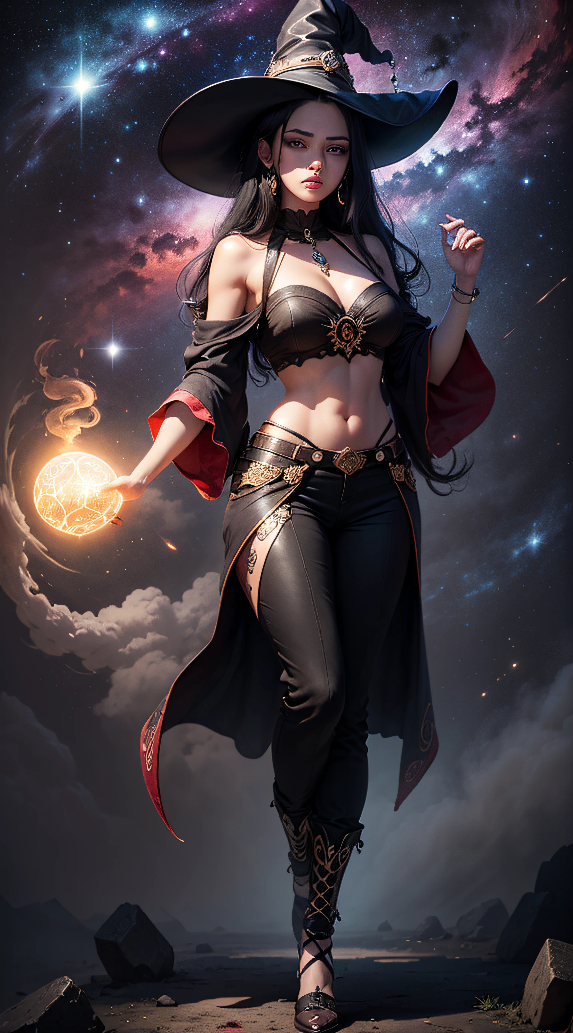 (masterpiece, top quality, best quality, official art, beautiful and aesthetic), Brazilian, black color, detailed face, sexy body, long black hair, full body, violet top and pants, heavenly, cosmic, extremely beautiful, highly detailed, (galactic in the background), light effects, more detailed, floating particles, ancient runes, geometric patterns, witch powers, mana, shadows, fog, smoke, fantasy, charm, epic atmosphere --auto