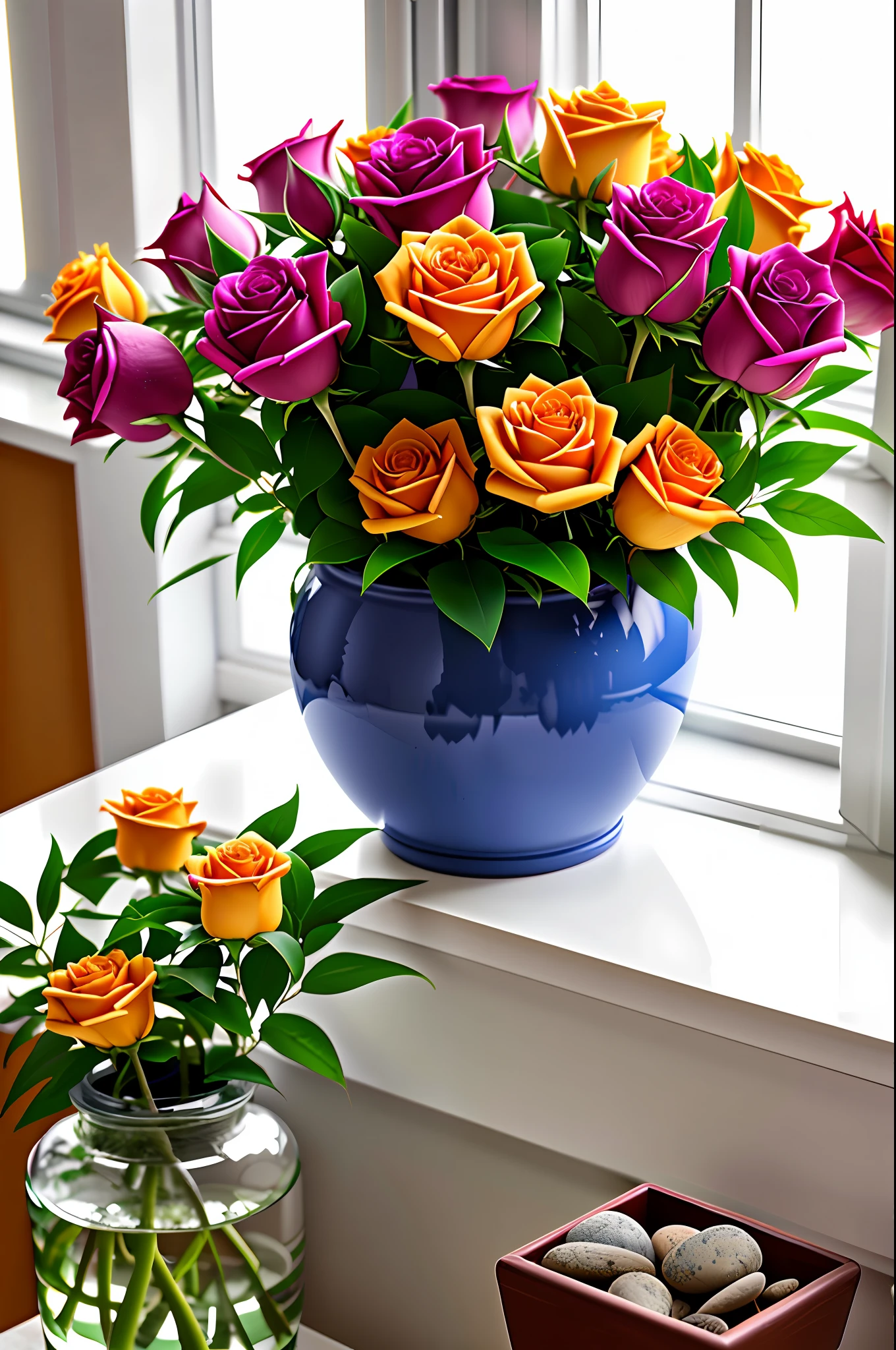 Clay flower tray, colorful flowers, magical colorful flowers, colorful flowers, colorful flowers, colorful flowers and plants, by the window, sunlight coming in, many details, high quality, 8k Clay pot, colorful roses, by the window, sunlight coming in, white background, many details, high quality, 8k,