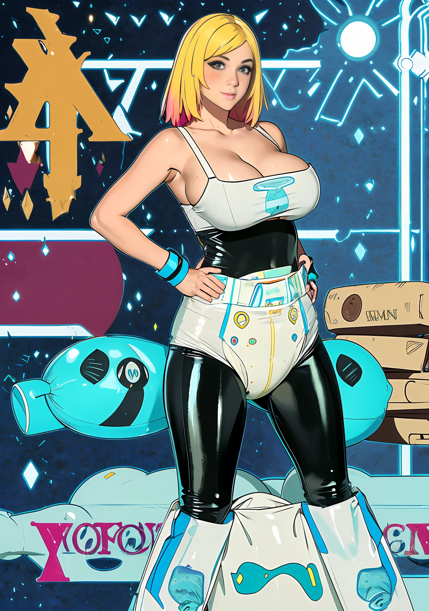 Sexy women wearing (big diapers), busty, big breasts, wide hips, (blushing), (sorority), city apartment, brick room, (latex catsuit), inflatables, (night), neon lights, (suggestive), ((seductive)), colorful, slutty