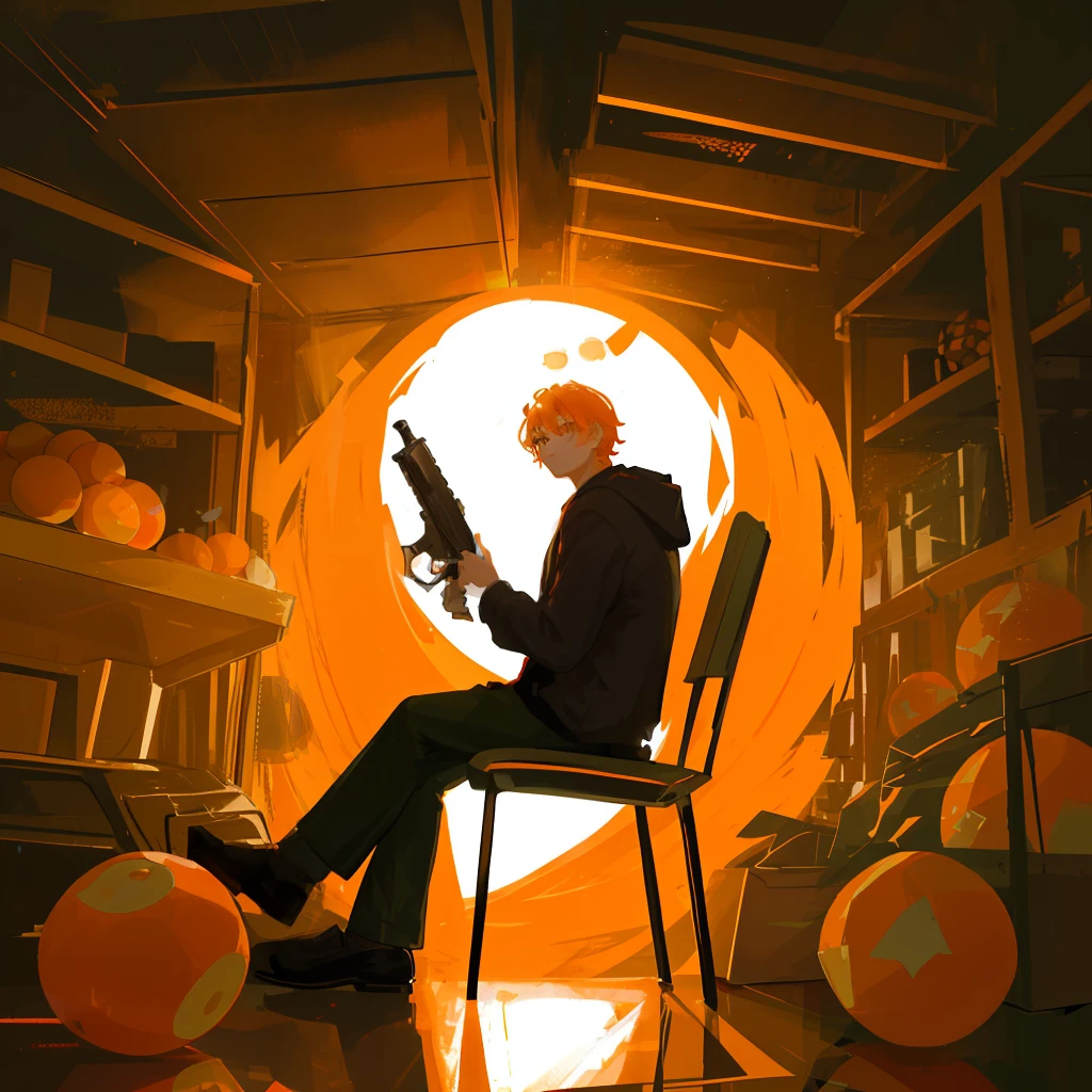 A guy sitting in a dark room with an orange ball in the background, holding a giant gun