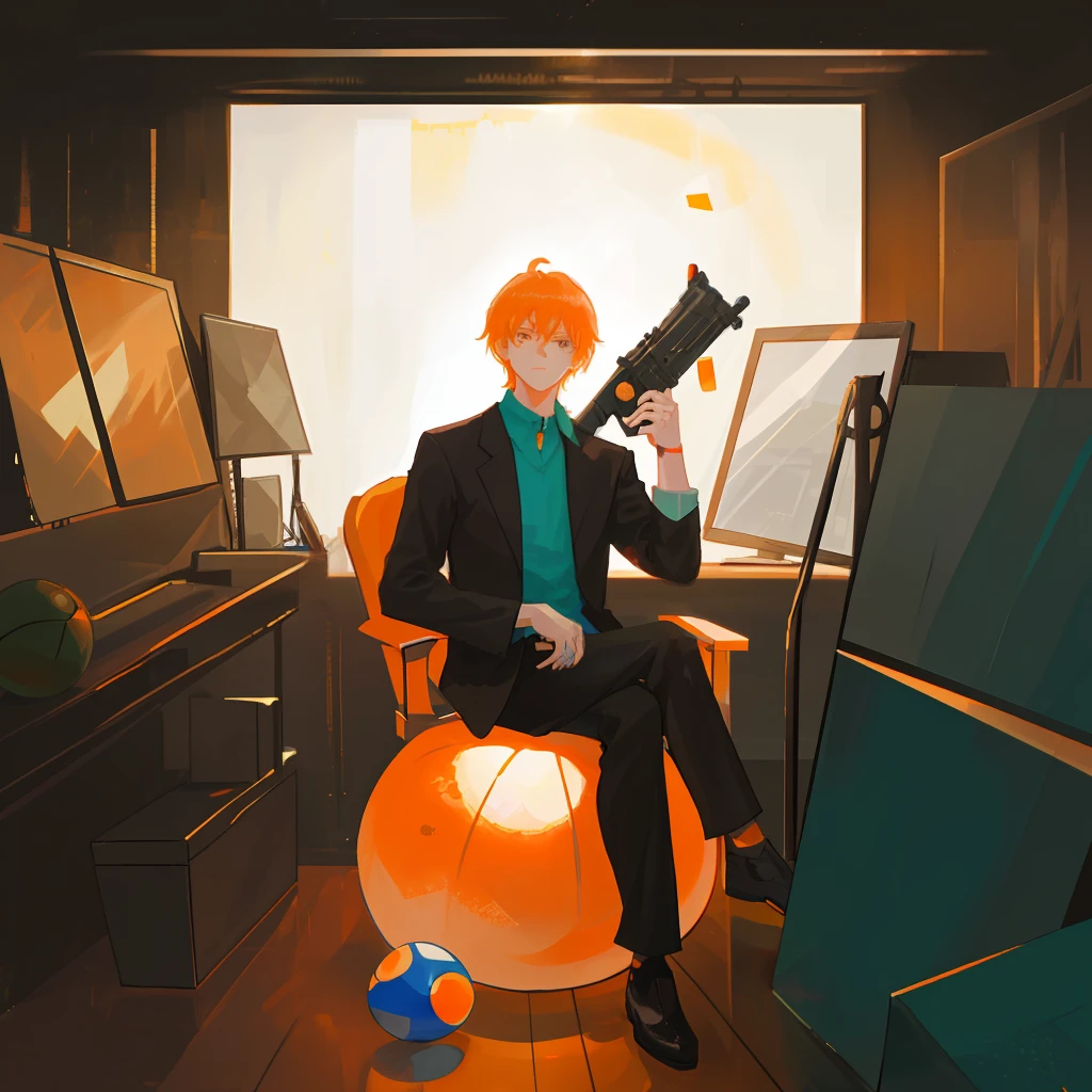 A guy sitting in a dark room with an orange ball in the background, holding a giant gun
