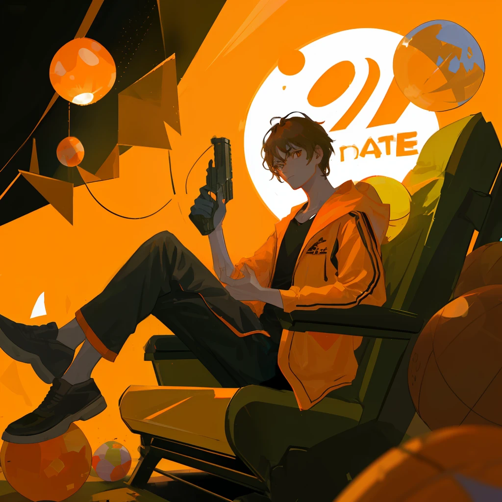 A guy sitting in a dark room with an orange ball in the background, holding a giant gun