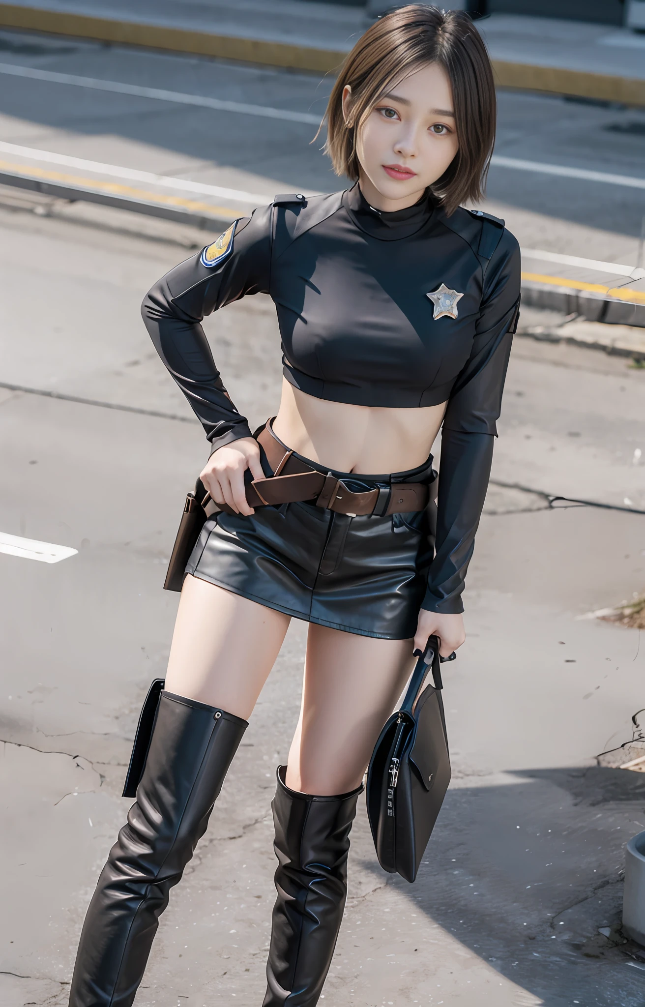 Official art, extremely detailed CG Unity 8k wallpaper, best quality, masterpiece, high resolution, beautiful girl agent, short hair, black crop top vest, brown belt, pistol holster on thigh, pistol, body armor, tactical gloves, black minileather skirt, black over-the-knee flat boots, tight leather suit, leather texture, police badge on chest, full body photo, melon seed face, small face,