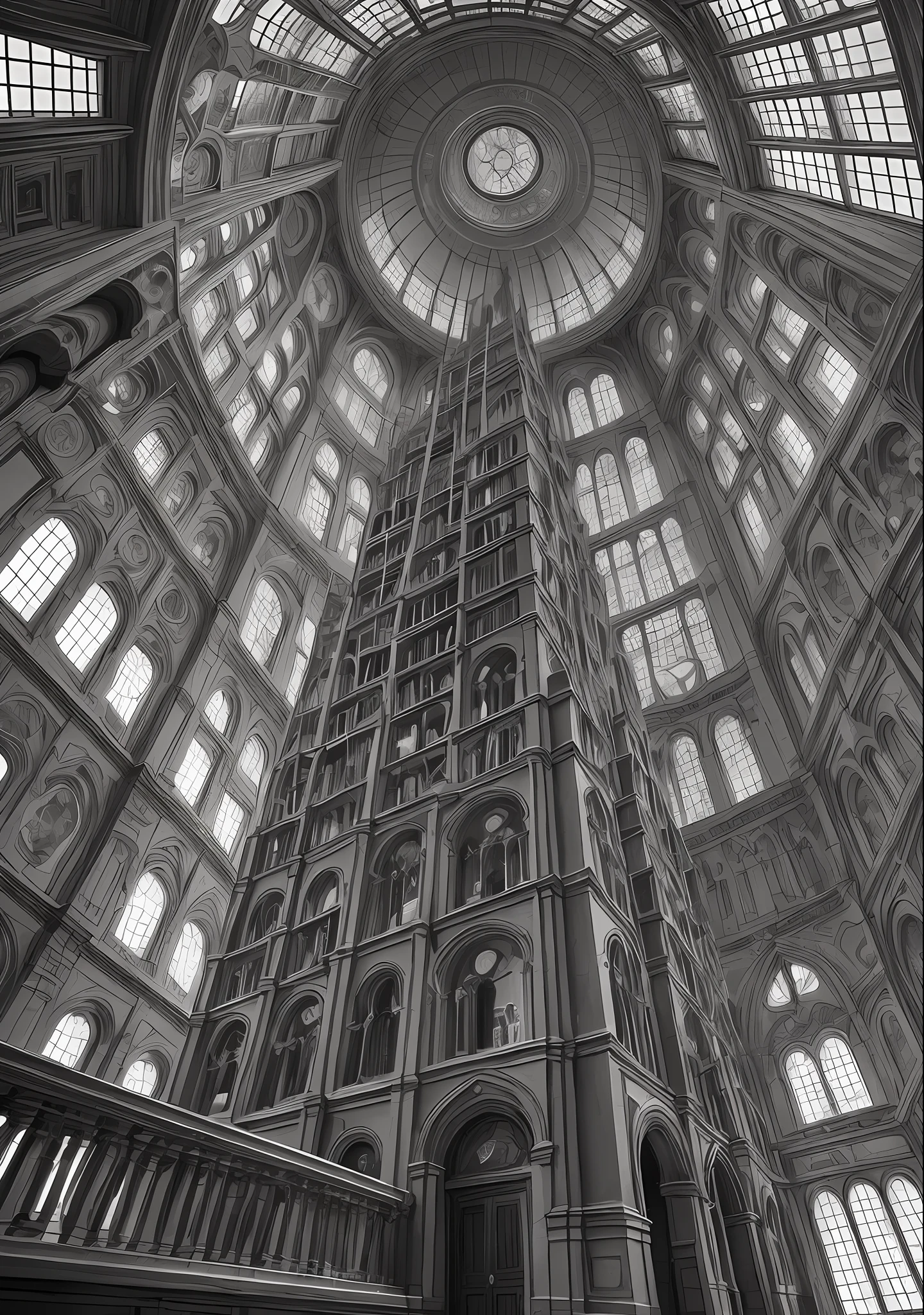 concept artwork, M.C Escher + Architectural Art + creepy +b/w photography by Pierre Verger / style fusion / múmia andando em rua escura / mystical and spiritual atmosphere / dark tones / supernatural/Macro lens/Surreal juxtapositions/Lovecraft/horror cosmic/terror 90s --ar 1080:1350 --c 12