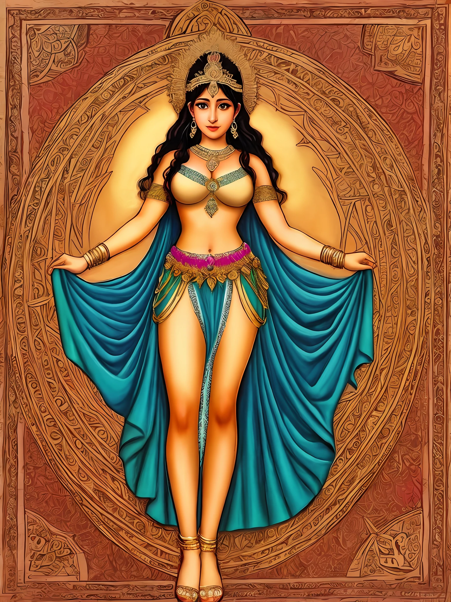 Draw full body, goddess Hera, beautiful, beautiful body, with its traditional characteristics, behind her is her mandala with its symbols of the Greek goddess Hera complete