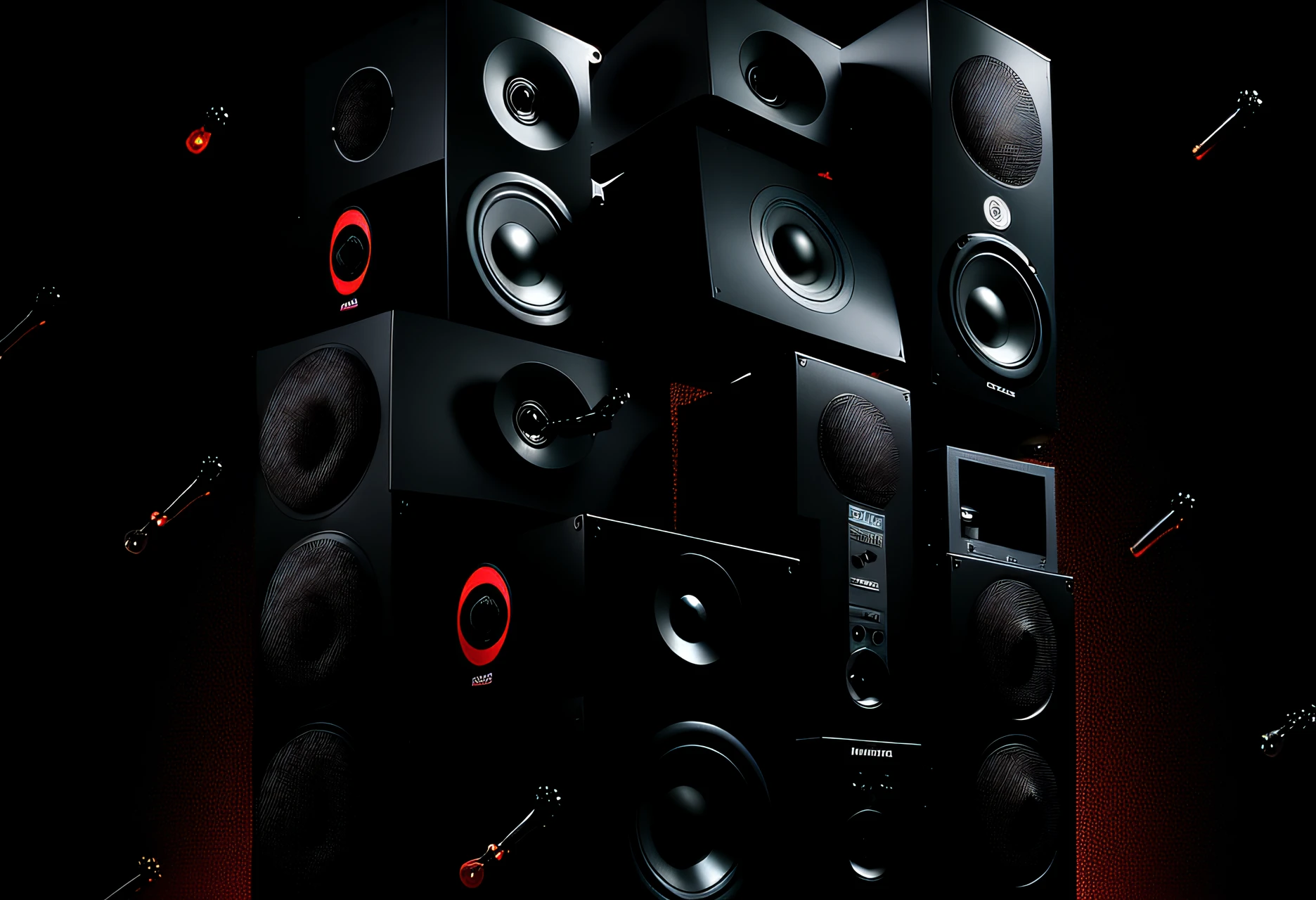 a group of speakers stacked on top of each other in a dark room, many speakers, audio equipments, speakers, audiophile, stage speakers, huge speakers, subwoofer, giant speakers, high quality picture, hifi, vinyl, noise to volume, leaked image, high quality artwork, tannoy, album photo, massive 7 0 s hi fi system, highly cinematic