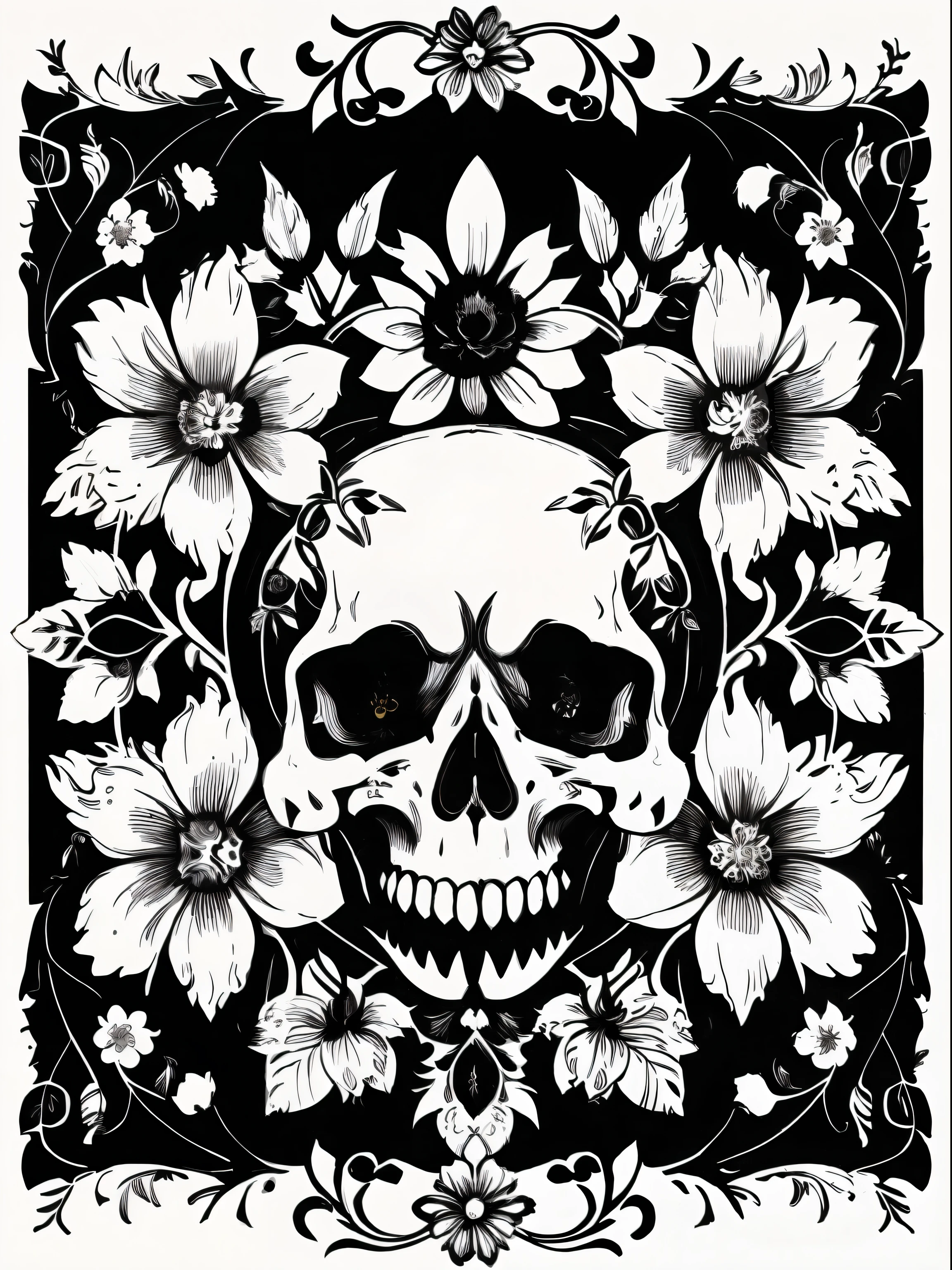 (Best quality), (masterpiece), (ultra detailed), (high detail), (extremely detailed), ghoul skull + black and white ink + detailed texture + magic + symmetrical + symmetry + bouquet of flowers + flowers + vines + detailed ink illustration + rebirth symbols + tarot card with ornate border frame + dark atmosphere + flowers + white, black and white background, coloring page, vector, black and white, 8k