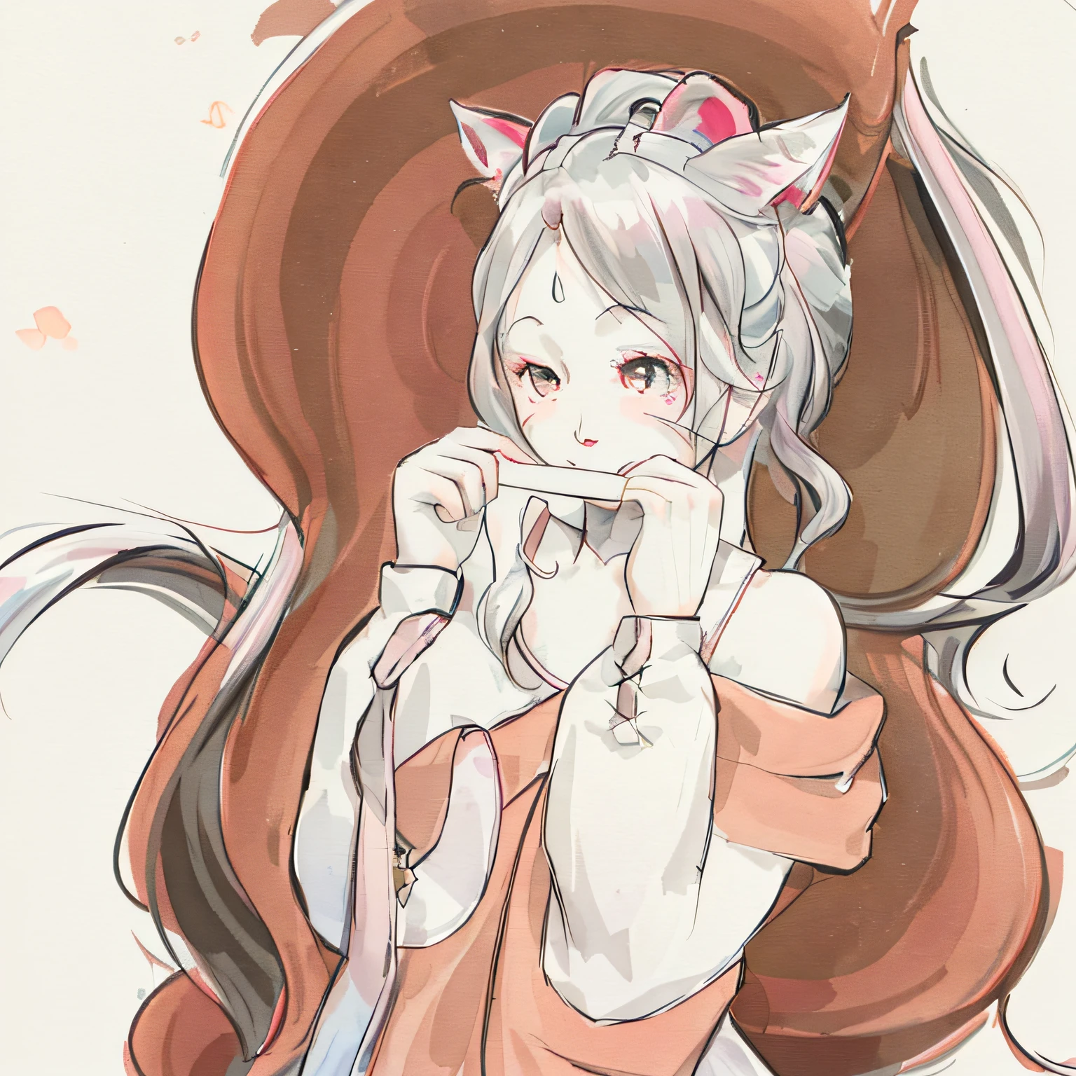"clean, anime-style drawing of a girl with cat ears and a cat tail, in a poised and thoughtful pose."