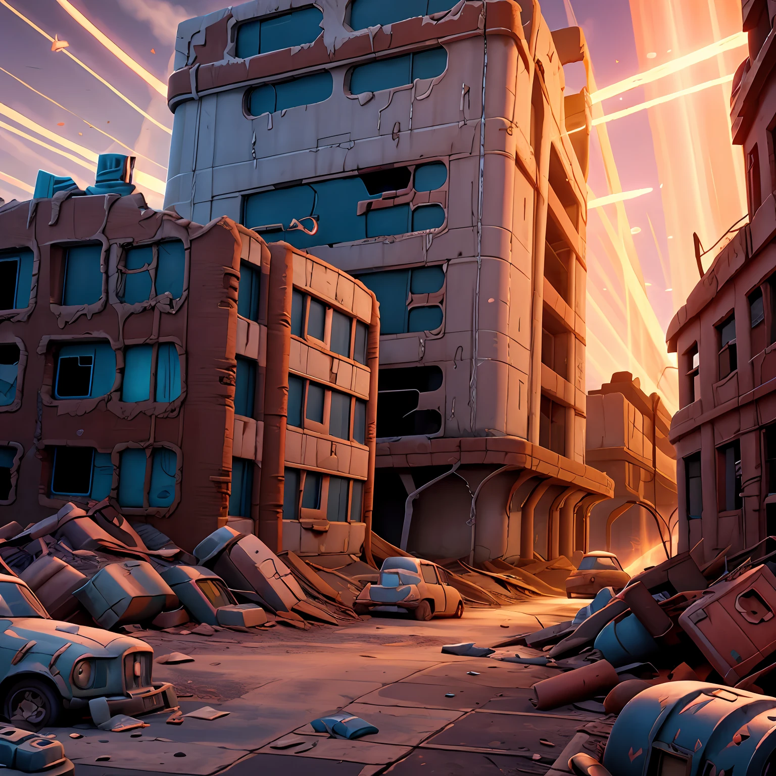 fallout 4, ruinned city, cinematic light, god rays, bloom, sharpen focus, artstation