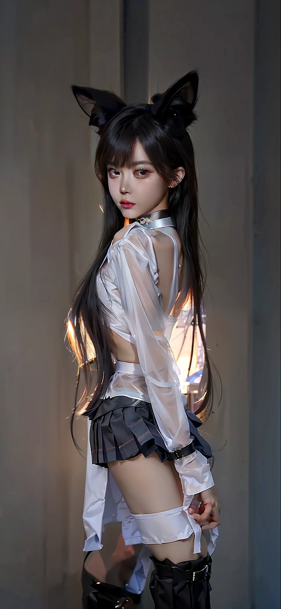 18 years old female, long hair, RAW photo, bokeh (realism: 1.4, realistic), high detail CG unified 8K wallpaper, 1girl, ((slim body: 1)), (small breasts: 1), back to viewer, ((direct view from the front)), (HQ skin: 1.4), 8k uhd, dslr, soft light, high quality, film grain, Fujifilm XT3, ((school uniform, short skirt,choker,see through open shirt:1.5)), ((outdoor, at park))) jangjoo, portrait,((Layered short Haircut, black hire,small breast:1.2)),(looking at viewer:1.4),(full body:1.8)