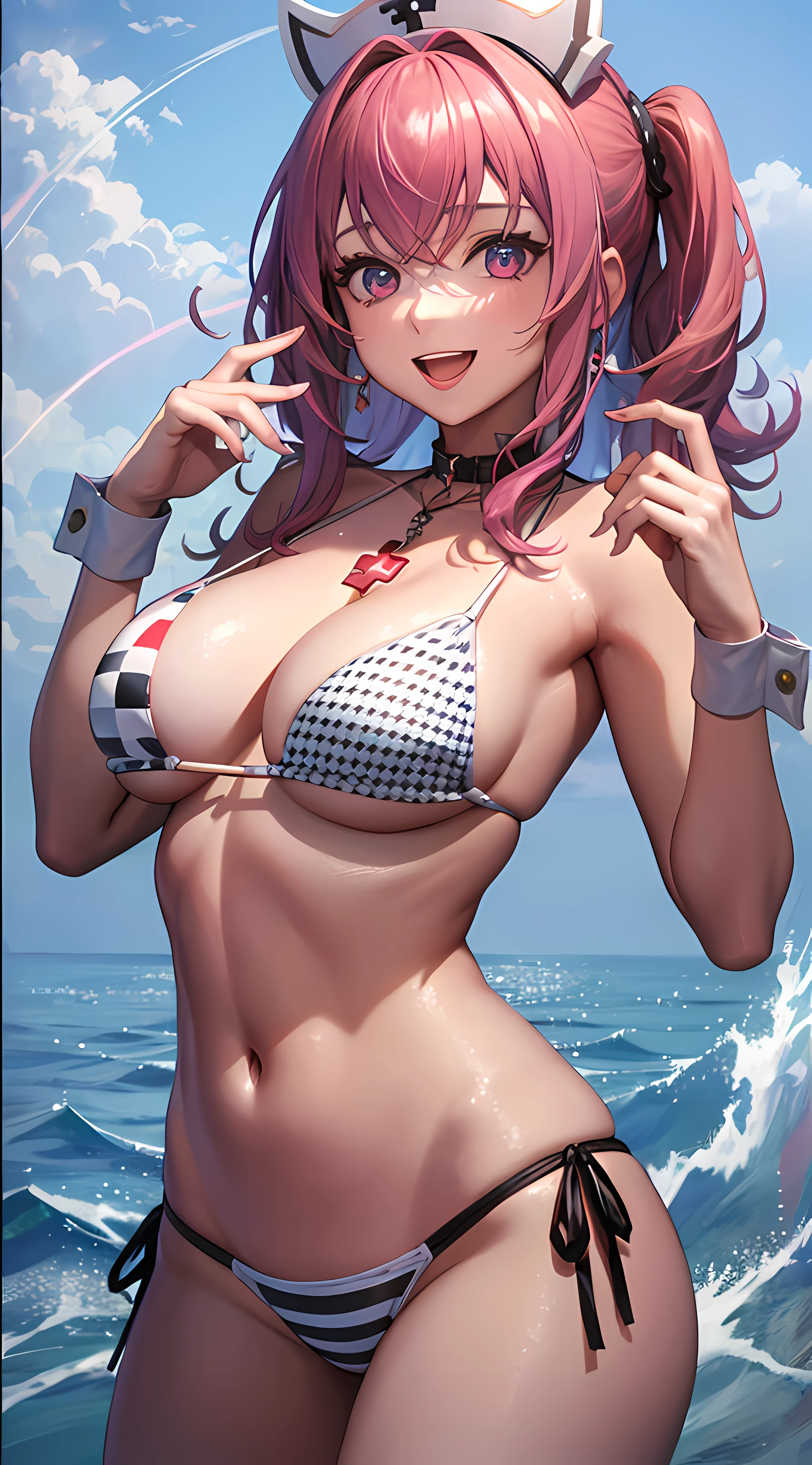 best quality, masterpiece, 1girl, solo, pepperswim, standing, :d, wrist cuffs, asymmetrical bikini, red cross,