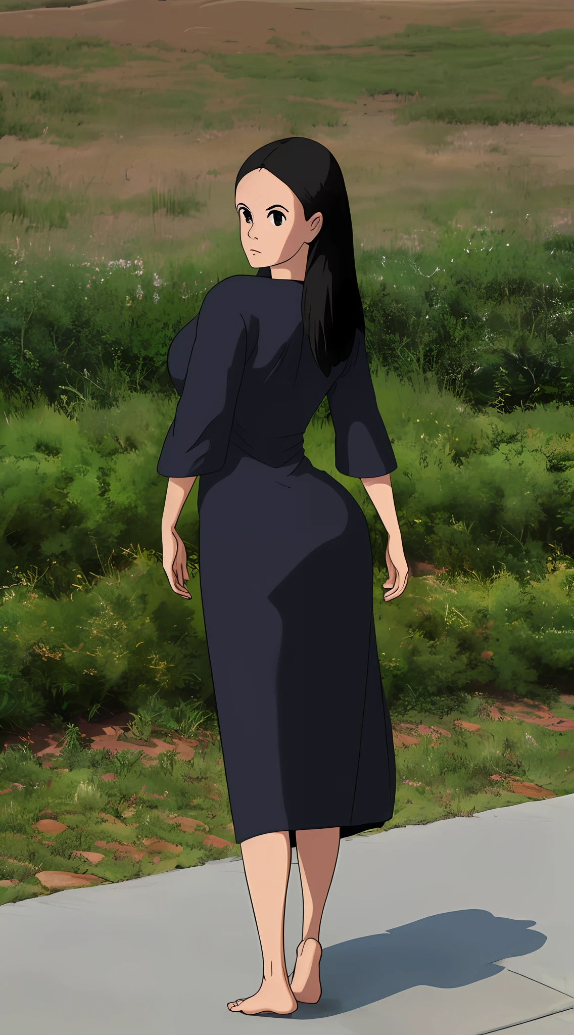 Female, black hair, witch dress, Medium straight hair, breasts, ass, skin tight dress, feet
