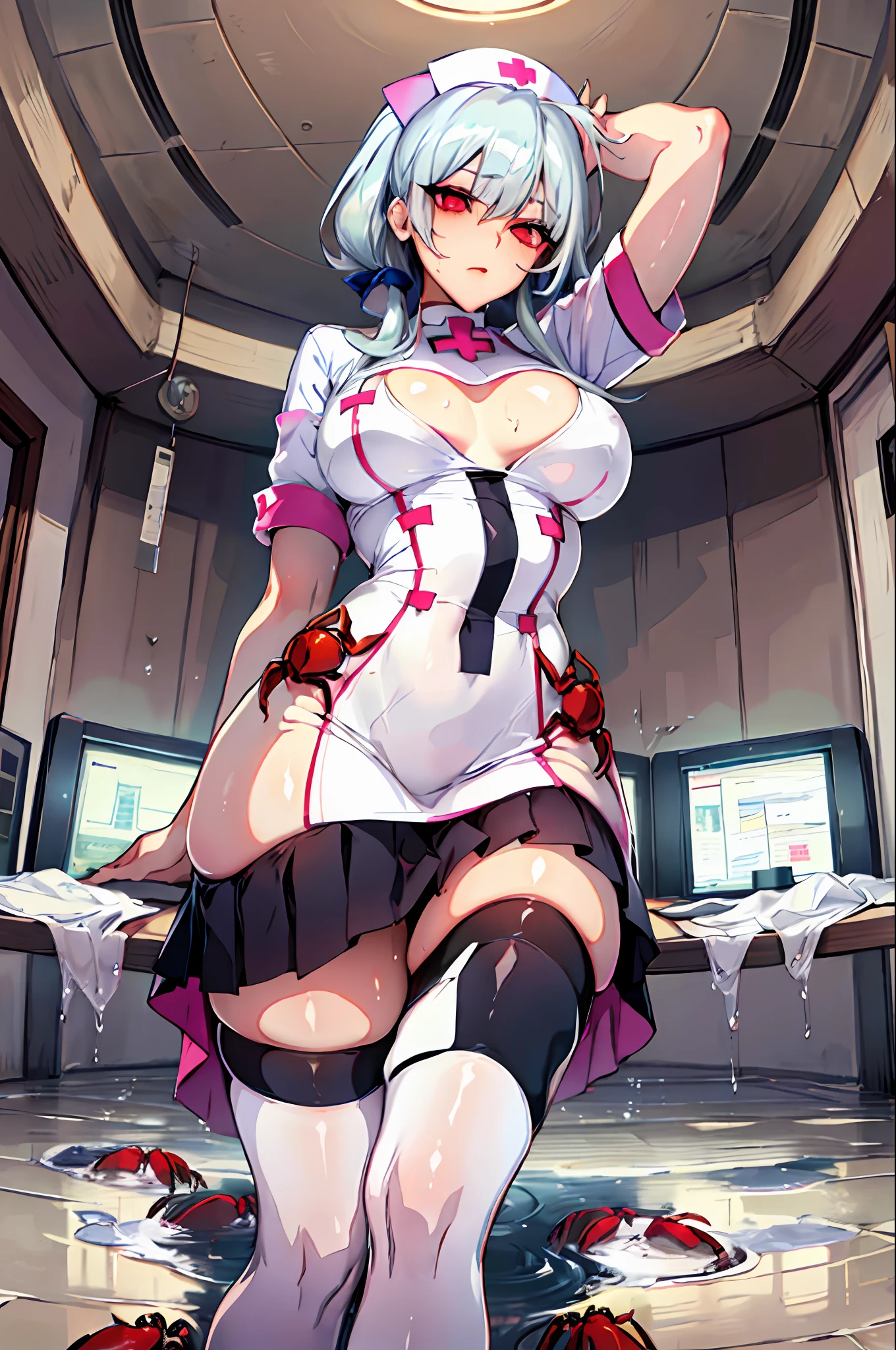 masterpiece, best quality, high_resolution, fine details, very detailed and beautiful, distinct_image, 1 girl, solo, silver-haired, red eyes, (huge), (),(from below),hospital,curvy,(puddle), full body,arms behind head,, {spread legs}, bow-leggedness, Crab crotch ,(nurse costume),thighhigh,(skirt),