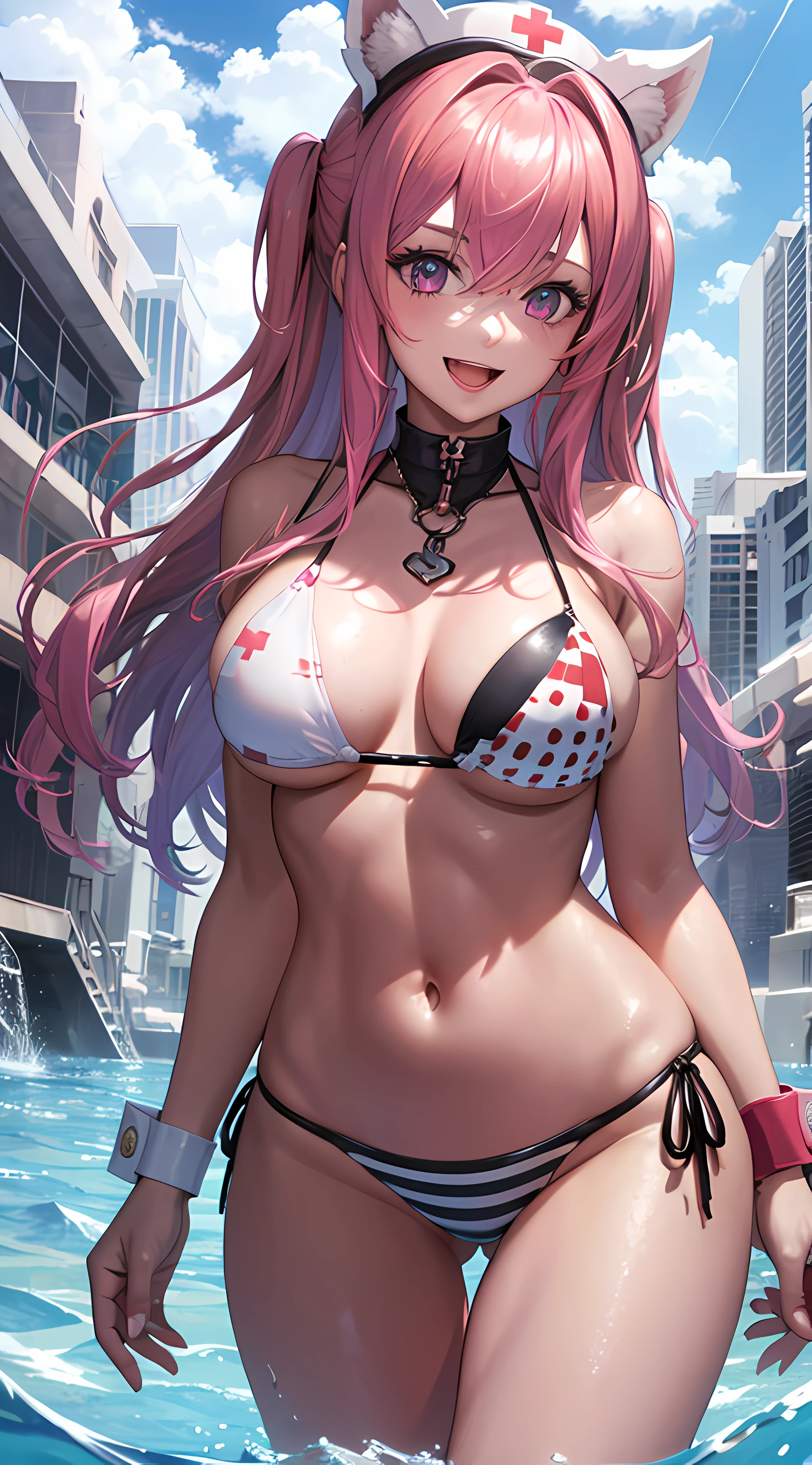 Best Quality, Masterpiece, 1girl, Solo, Pepper Swim, Standing, :d, Wrist Cuffs, Normal Breasts, Normal Thigh, Asymmetrical Bikini, Red Cross,