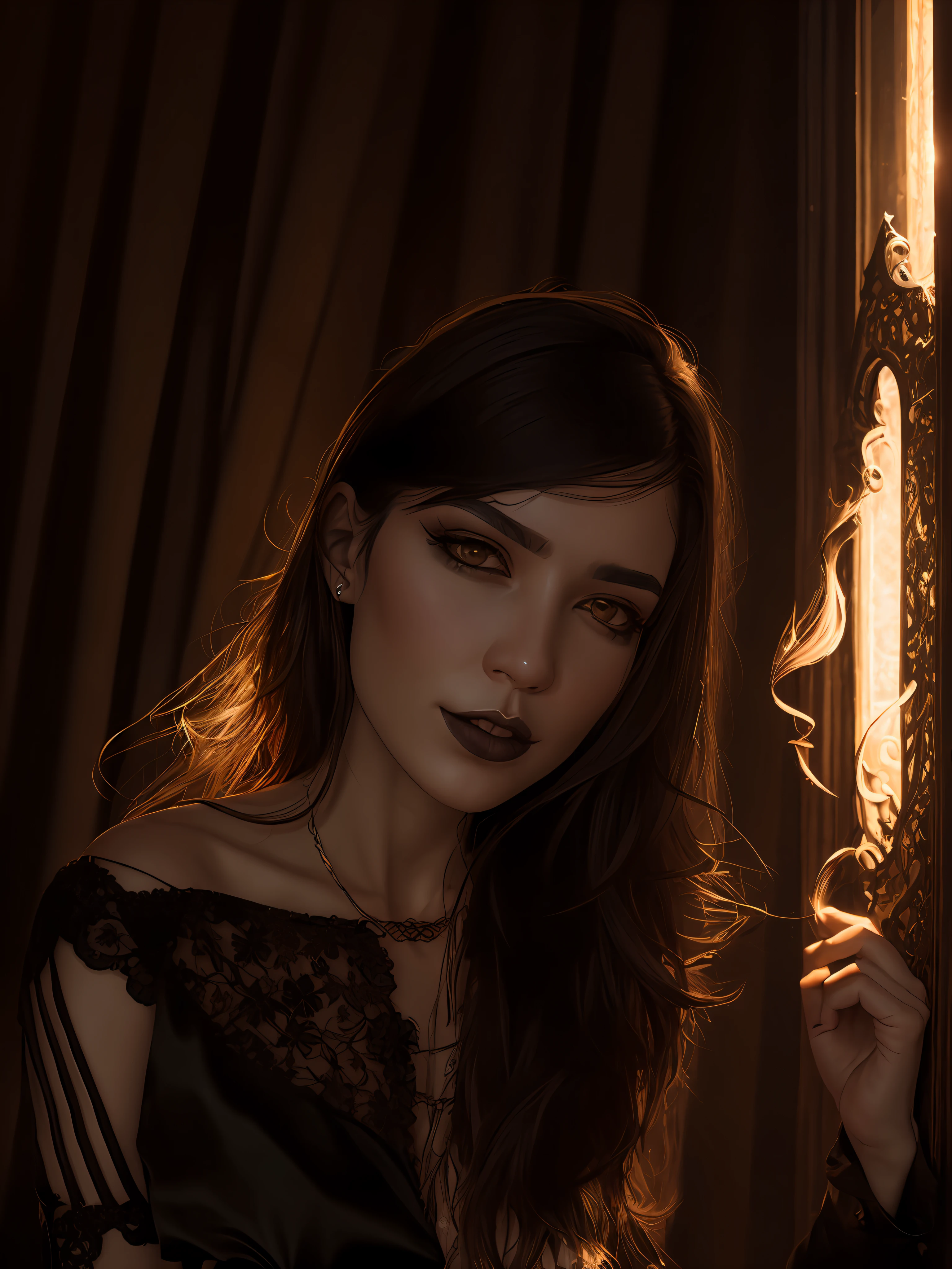 Thin, (Best Illustration), 8k Resolution, Intricate Details, Best Quality, Realistic, Ultra Detailed, Best Lighting, Best Shadows, Ultra HD, A Gothic Woman, Night, Magic, Dark Style, Soft Rogue, Highly Detailed Gothic Lace Clothing, Normal Eyes, Iris Black Colored Eyes, Normal Eyes