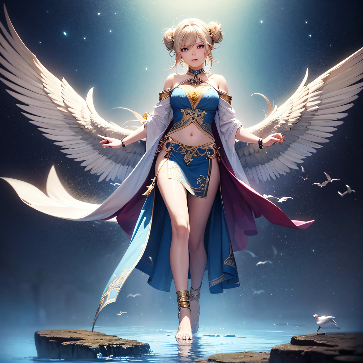 (masterpiece, best quality, beautiful anime art:1.4) unusual_fantasy_world, 1girl, medium_shot, mysterious_expression, standing_on_floating_island, birdseye_view, magical_glow, dreamy_pastels, ethereal_hues, floating_islands, waterfalls, lush_vegetation, whimsical, enchanting, flowing_robes, elaborate_accessories, decorative_anklets, bare_feet, elaborate_updo, colorful_hair_accessories, glowing_eyes, heterochromia, floating_crystals, flying_creatures, ethereal_landscape, fantasy_elements, mystical_aura, otherworldly_beauty, cinematic light, (sharp focus:1.6), highly detailed, ultra realistic, 8k