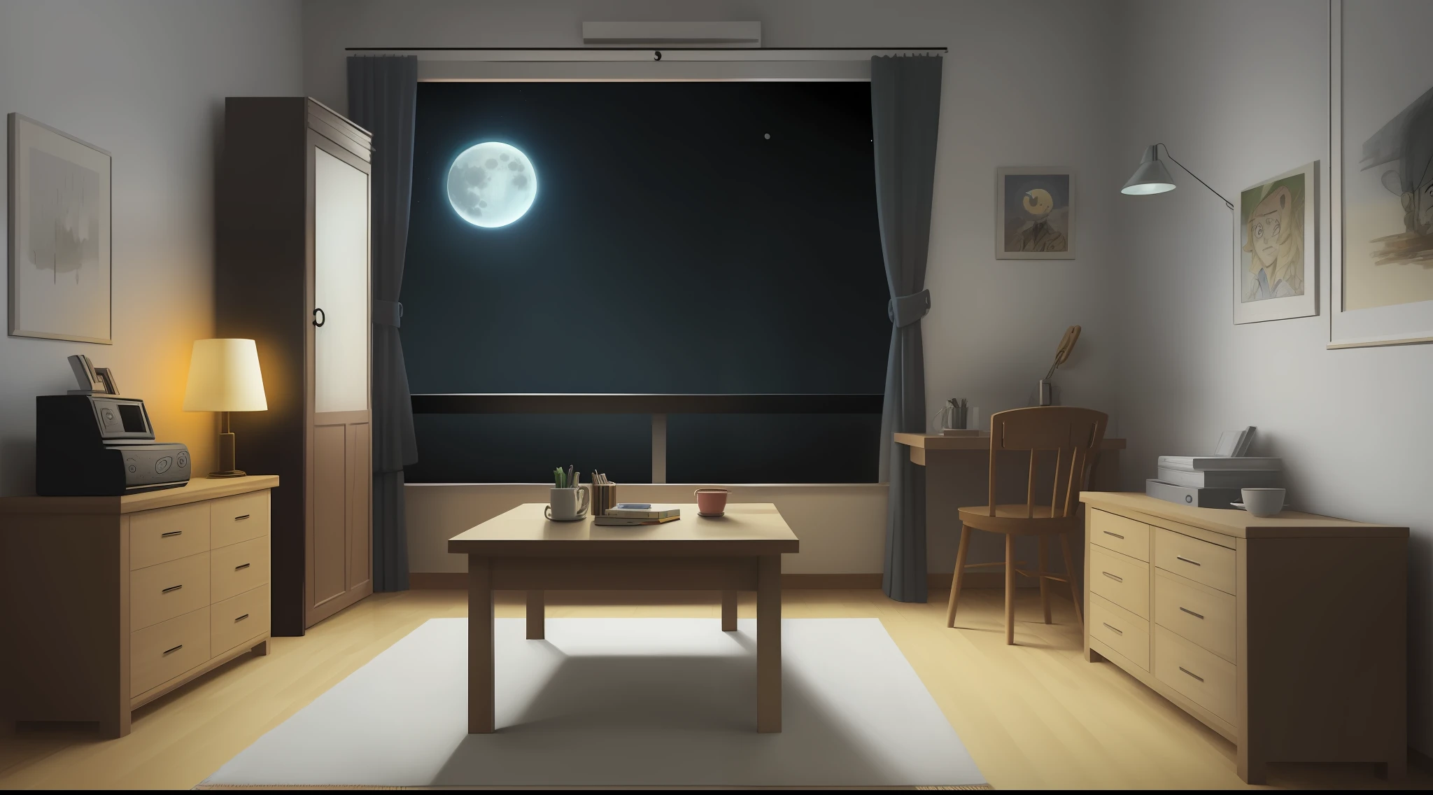 HD cartoon, inside the room moonlit night