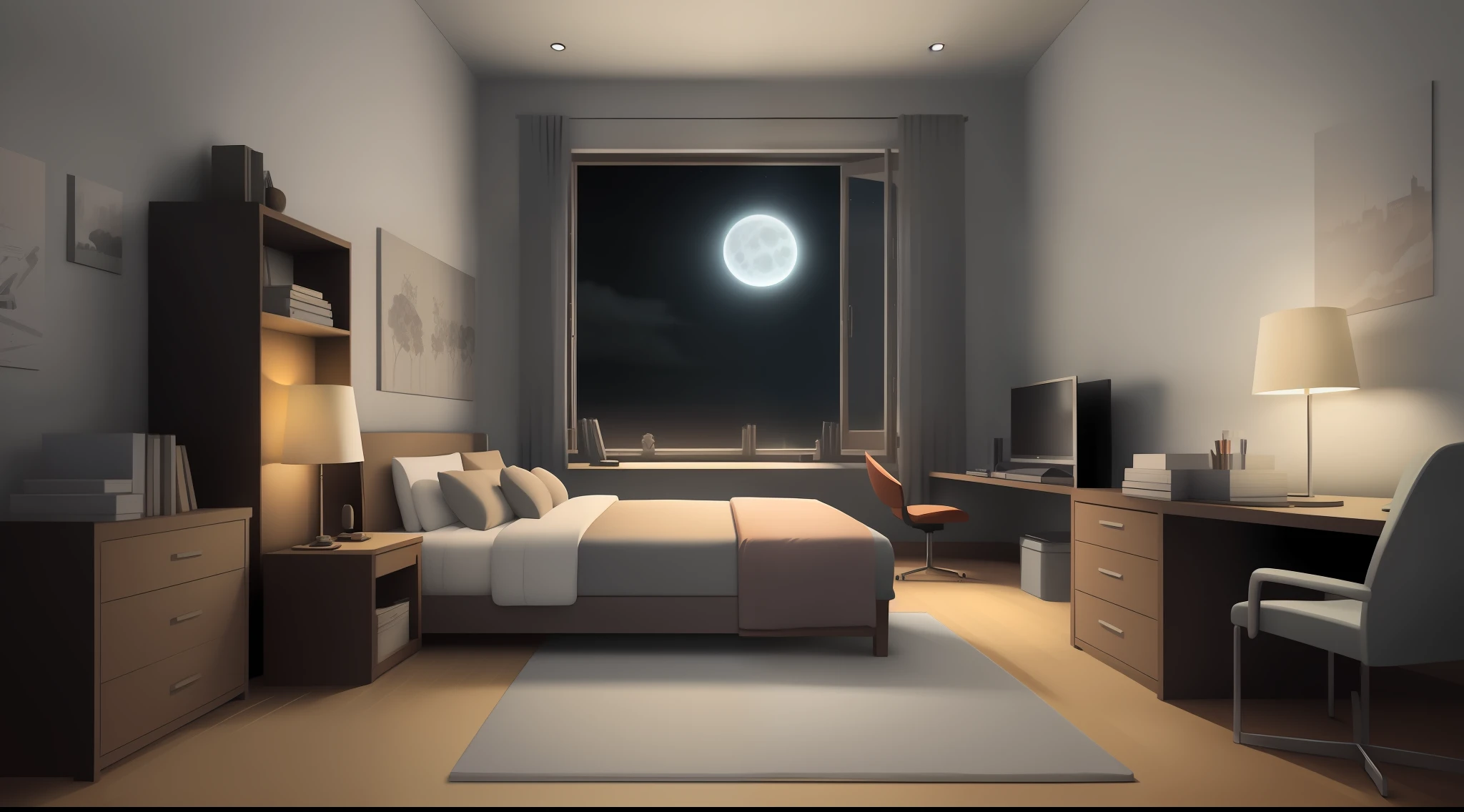 HD cartoon, inside the room moonlit night