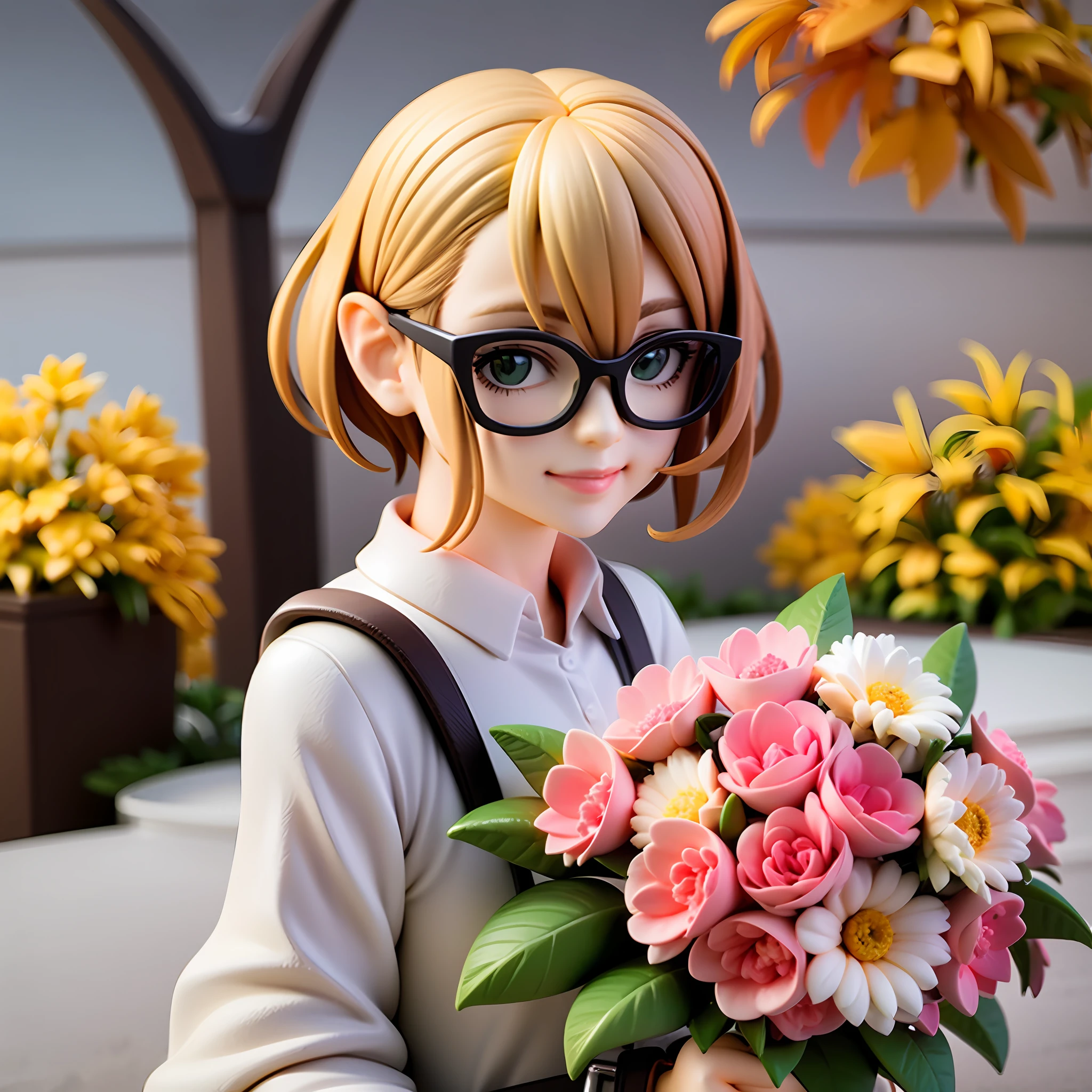 girl, blond hair, short hair, , green eyes, round glasses, smile, happiness, upper body, white blouse, bouquet, holding a bouquet with both hands,