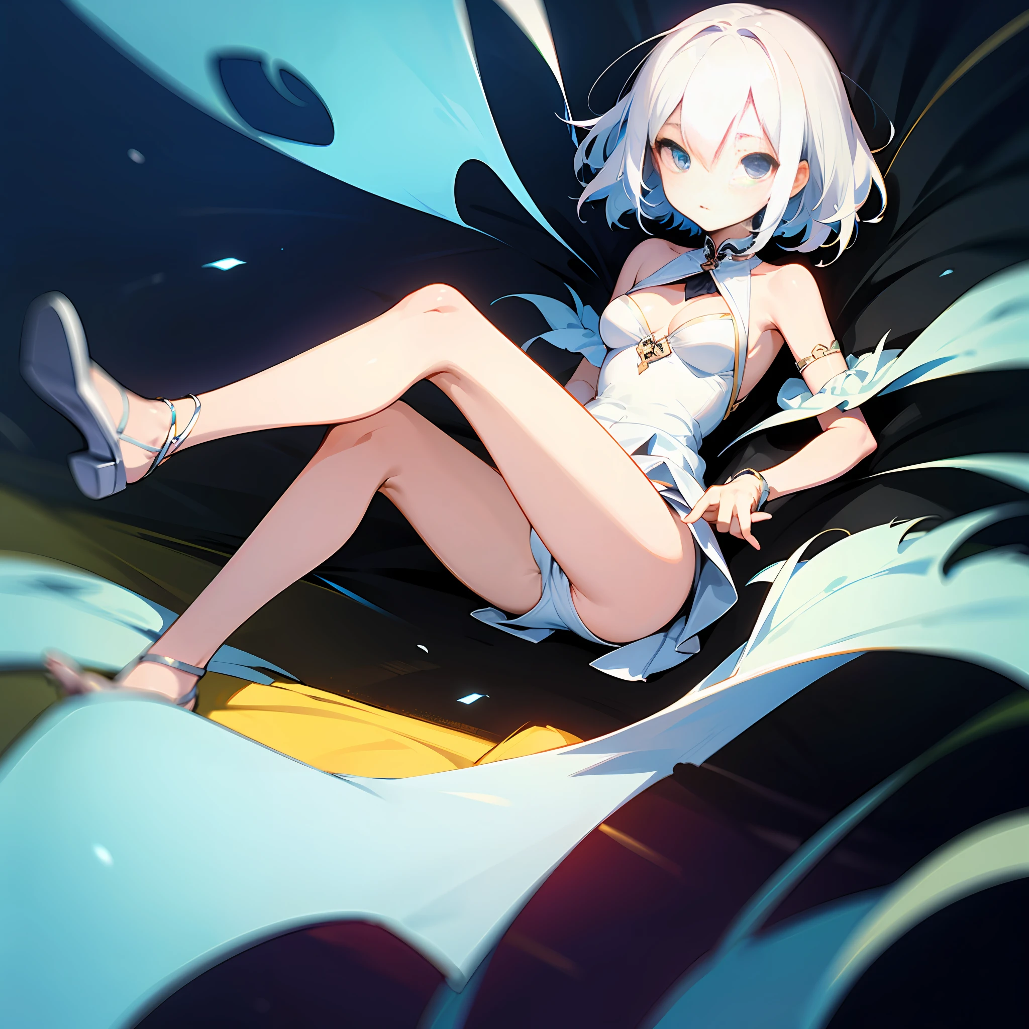 ((Best illustration)), super clear and delicate, lying position, style, white hair, clear eyes, small body, big breasts, with leg rings.