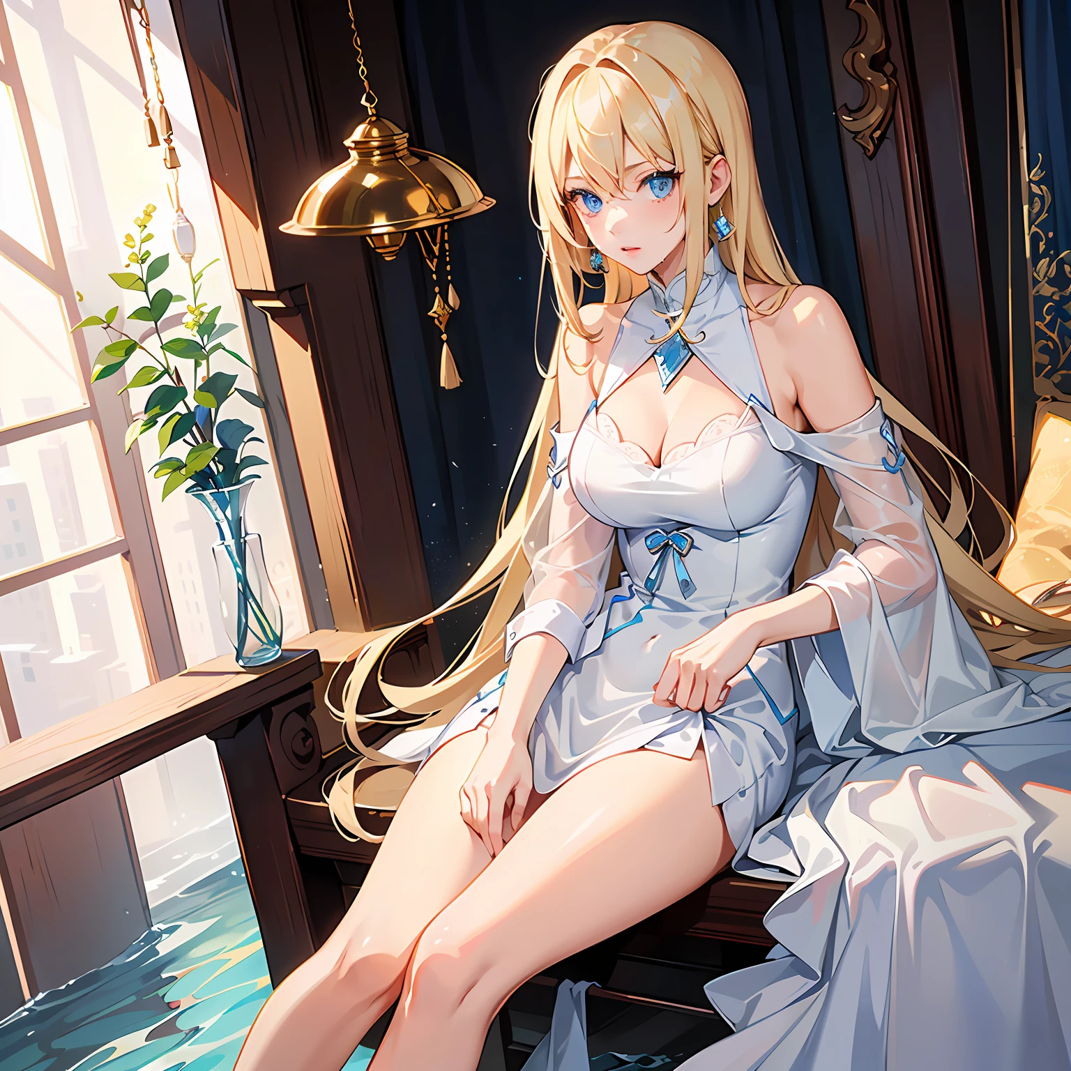 close-up, (Important Notice:1.6), detailed background, (indoors, church, assembly hall), 1girl, 1man, (black bandage eye patch:1.2), (covered eyes), (hidden eyes:1.5), parted lips,(( breast curtains:1.7)),((cover breasts)), (wet breasts:1.2), (moist, (areola slip:1.2), hanging breasts, gigantic breasts, ass focus, big hips, blonde hair, white dress, long hair, thighs, necklace, hair between eyes,, solo, waist metal accessories, bare shoulders, jewelry, White headscarf, white dress, naked tabard, detailed white panties, ((garter belt)), ,walking ,full body, On the ritual platform, sexy pose, highly detailed, (shiny skin:1),(masterpiece:1.4),(best quality:1.4), sexy, nsfw, hiqcgbody , holding staff --auto