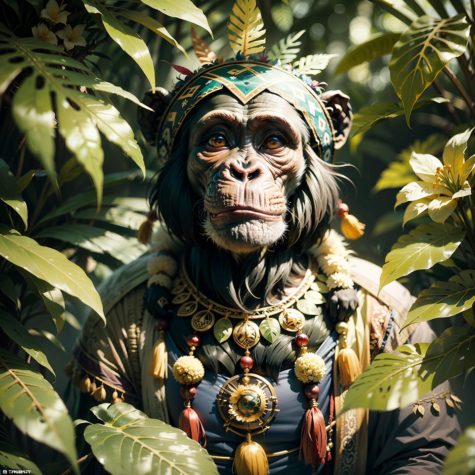 Indigenous chimpanzee with headdress on his head, headdress with many colorful feathers and flowers, meditating in the dense tropical jungle